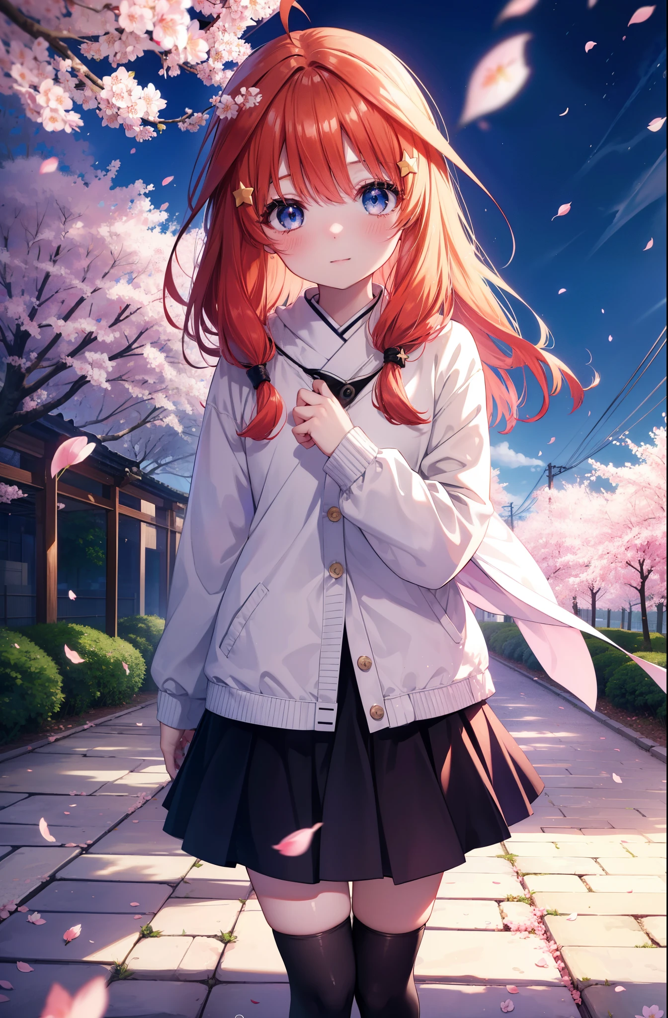 itsukinakano, Itsuki Nakano, bangs, blue eyes, hair between eyes, Ahoge,shoulder length and short braids,long hair, redhead, star \(symbol\), hair ornaments, star hair ornaments,smile,blush,white coat,black muffler,Red long skirt,short boots,cherry blossoms are blooming,Cherry blossoms are scattered,Cherry blossom tree-lined path,
break outdoors, garden,
break (masterpiece:1.2), highest quality, High resolution, unity 8k wallpaper, (figure:0.8), (detailed and beautiful eyes:1.6), highly detailed face, perfect lighting, Very detailed CG, (perfect hands, perfect ???????),
