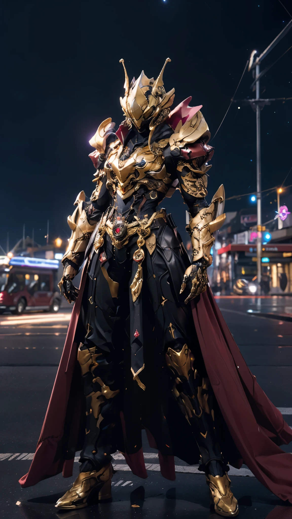 A woman adorned in fantasy-style full-body armor, a crown-concept fully enclosed helmet that unveils only her eyes, a composite layered chest plate, fully encompassing shoulder and hand guards, a lightweight waist armor, form-fitting shin guards, the overall design is heavy-duty yet flexible, ((the armor gleams with a golden glow, complemented by red and blue accents)), exhibiting a noble aura, she floats above a fantasy-surreal high-tech city, this character embodies a finely crafted fantasy-surreal style armored hero in anime style, exquisite and mature manga art style, (Queen bee mixed with Spider concept Armor, photorealistic:1.2, real texture material:1.2), ((night sky, city night view, elegant, goddess, femminine:1.5)), Unreal Engine 5, metallic, high definition, best quality, highres, ultra-detailed, ultra-fine painting, extremely delicate, professional, anatomically correct, symmetrical face, extremely detailed eyes and face, high quality eyes, creativity, RAW photo, UHD, 32k, Natural light, cinematic lighting, masterpiece-anatomy-perfect, masterpiece:1.5