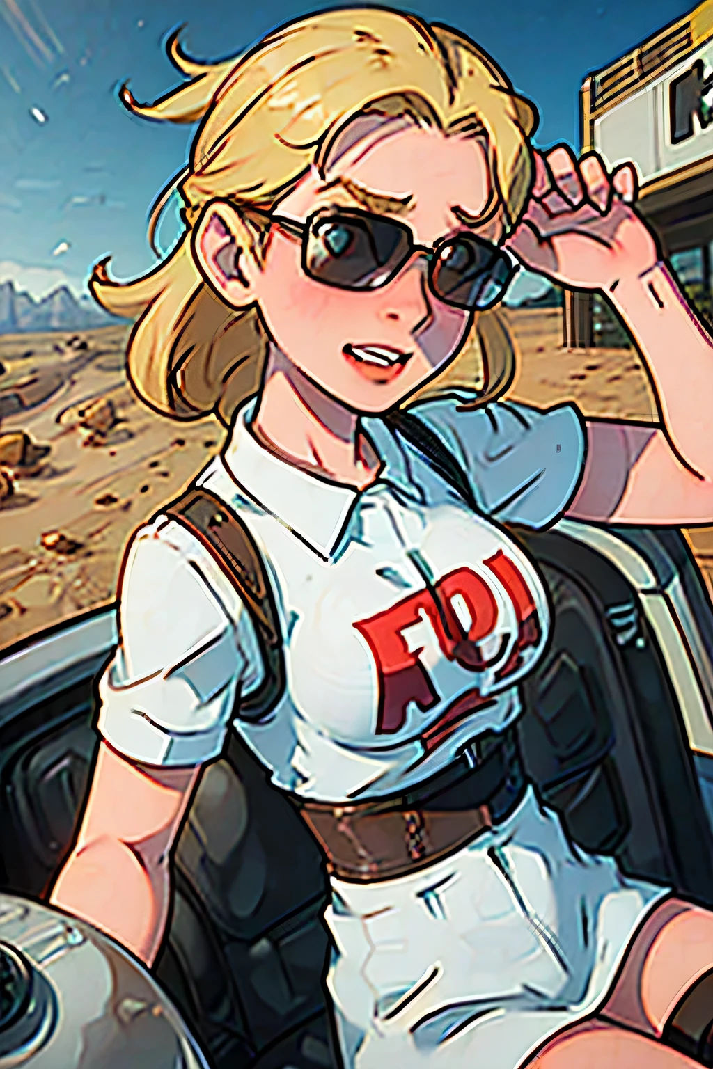 a girl with sunglasses driving a vehicle in the desert, a character portrait, face-on head shot, pickup truck, thin waist, hyper realistic absurd, realistic cartoon, RAW photo, 8k uhd, dslr, soft lighting, high quality, film grain, Fujifilm XT3, (high detailed skin:1.2)