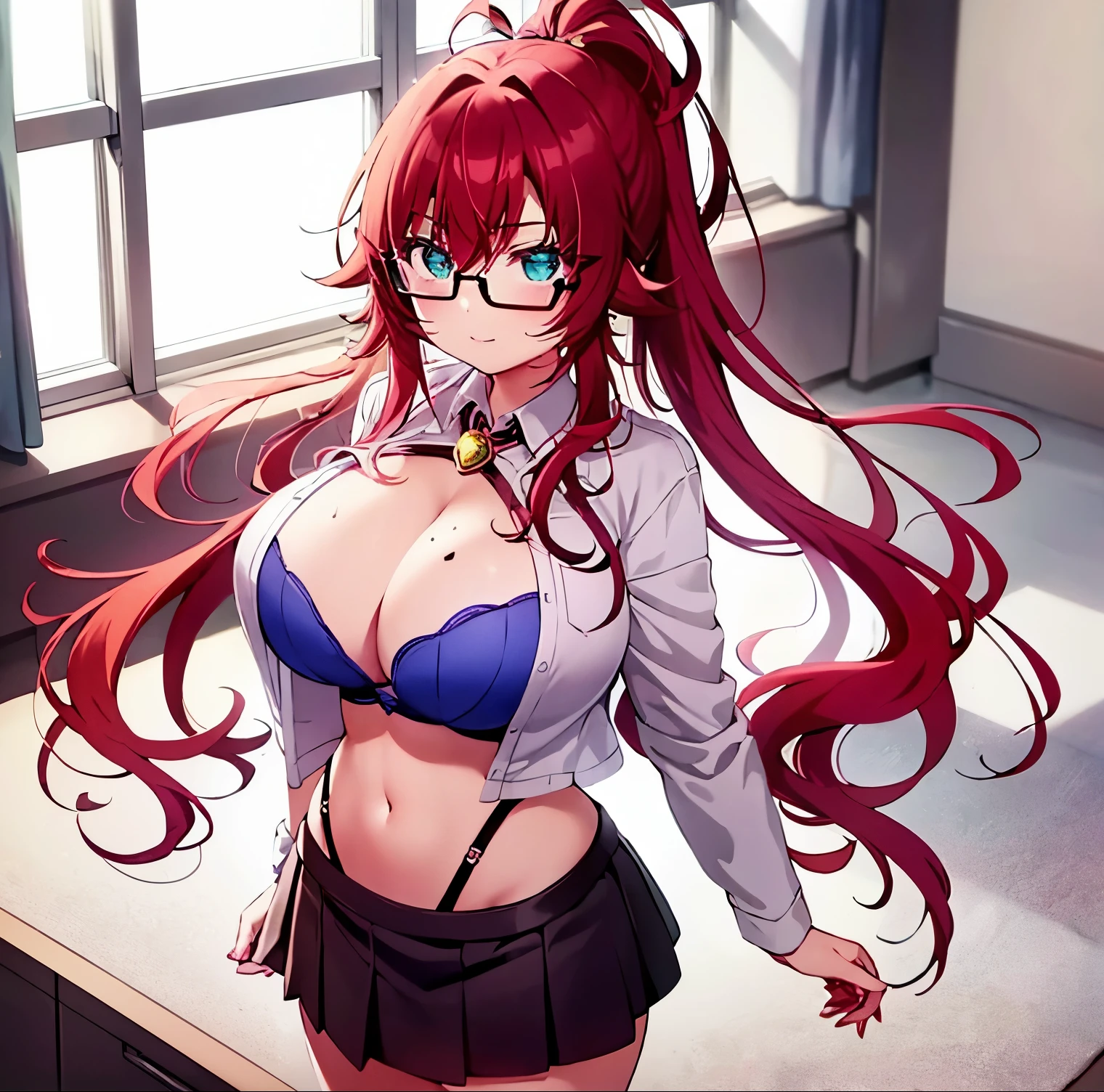 1girl, alone, yakuzen kusuri,long hair, red hair, ponytail, red glasses, turquoise eyes, mole on chest, white shirt, open shirt, purple bra, seductive, closed mouth, makeup, tight black skirt, short skirt, heels black , big breasts, medium waist, wide hips, wide thighs, looking at viewer, pov (from above), laboratory, chemistry room, standing, legs apart, good lighting, bright window, sunset, good anatomy, good hands