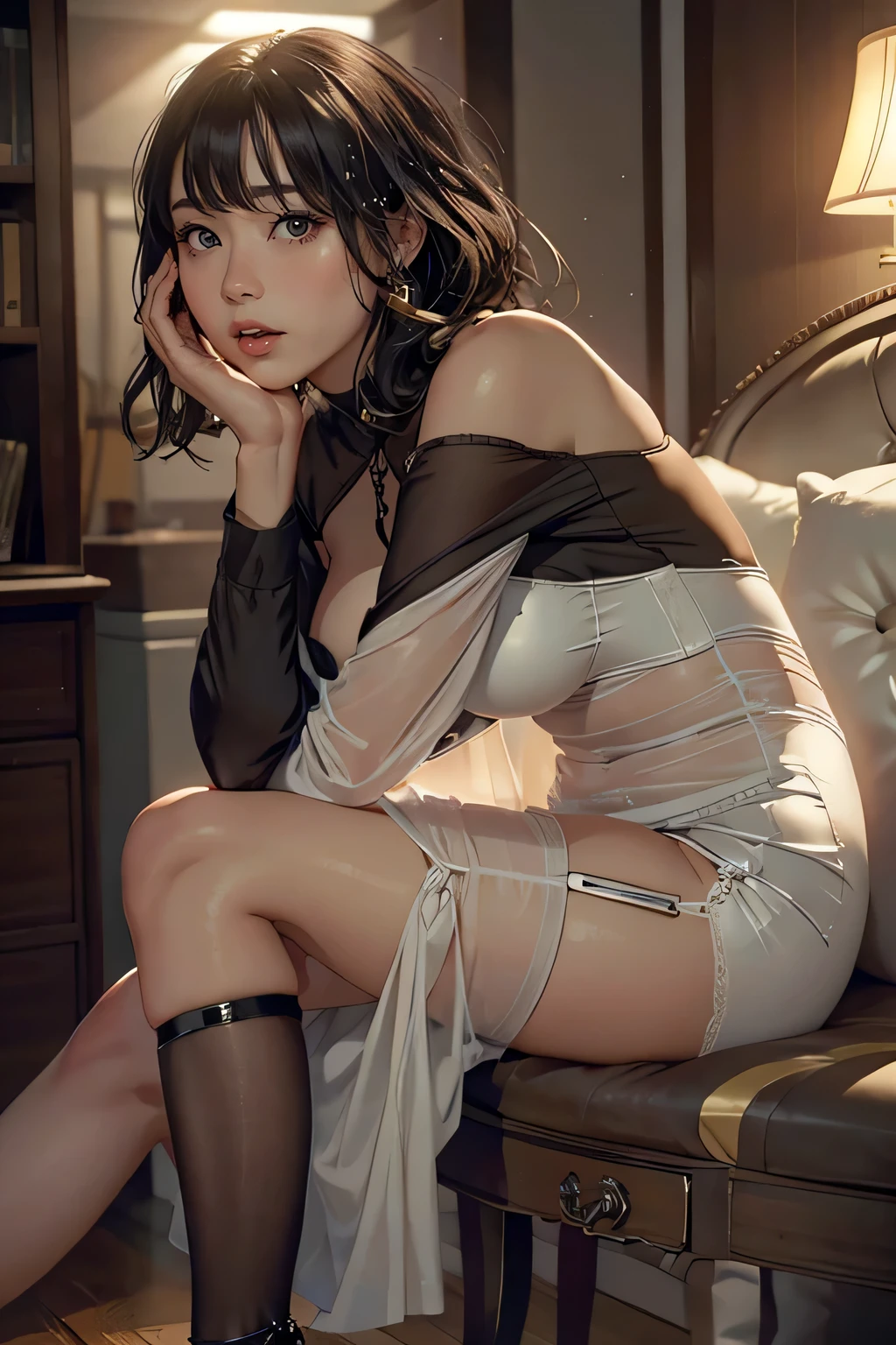 Around 30 years old, (Elegant and well-proportioned body shape), (high heels), (bob hair), (garter stocking with anklet), (spread your legs), wince,(orgasm:1.5),waiting for tongue,(Delicate and elegant light makeup), Delicate and beautiful fair skin, Detailed facial description with double beautiful eyes, Gentle eyes that shine with youth and innocence, Expressing the amazing beauty of youth, Adorable Japan Woman, A beautiful portrait that captures her enchanting charm. (8k, highest quality, masterpiece: 1.2), (Realistic and photorealistic: 1.37), (to office)