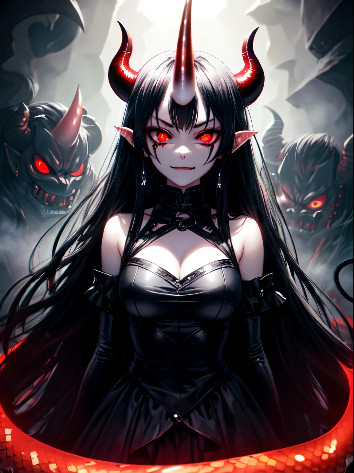 1 girl, ((demon, demonic, oni horn, snake eyes, red eyes, bright eyes, long hair, black hair, pointed ear, evil face)), (gray theme, caverna, backlight, low light, look at you), mist