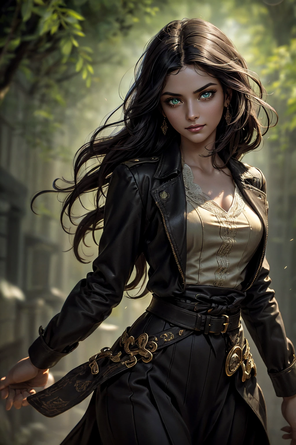 A stunning Indian beauty, with bright green eyes, standing in swirling black smoke, with dark brown-black long wavy hair, mesmerizing features with a scary expression, finely detailed eyes, angry mood masterpiece, top quality, best quality, official art, beautiful and aesthetic:1.2), (1girl), extreme detailed,(fractal art:1.3), colorful, highest detailed, (masterpiece, best quality:1.3) 1 bright-green-eyed woman, professional digital painting, Unreal Engine 5. Wearing a black-buttoned-up military-trench coat. Scary void dripping from body and face black magic swirling around. Arms up casting black magic from fingertips. Black smoke swirled around her. Holding a rapier. Purple-tinted background.A stunning Indian beauty, with dark brown-black long wavy long hair, with mesmerizing feature with a Hopeful smiling expression, finely detailed eyes, happy mood masterpiece, top quality, best quality, official art, beautiful and aesthetic:1.2), (1girl), extreme detailed,(fractal art:1.3), colorful, highest detailed, (masterpiece, best quality:1.3) 1 bright-green-eyed woman, professional digital painting, Unreal Engine 5. In a 1920 setting, holding lavender flowers at a Lavender flower farm, wearing 1930 style clothing, South-Indian woman, olive-skinned woman, masterpiece, top quality, best quality, official art, beautiful and aesthetic:1.2), (1girl), extreme detailed,(fractal art:1.3), colorful, highest detailed, (masterpiece, best quality:1.3) 1 green-eyed woman, professional digital painting, Unreal Engine 5. Wearing embroidered linen blouse, Wearing long pleated skirt, Wearing Moleskin Field Jacket. Long hair, hopeful expression, finely detailed eyes, smiling, epic scene, epic composition, Cinematic Lighting, Volumetric Lighting, ethereal light, intricate details, extremely detailed volumetric rays. Green Eyes. [Beautiful girl, linen shirt and pants, oil painting, Detailed facial features, Sunlight, bright colors, dramatic lighting, expressive eyes and lips, High Resolutio