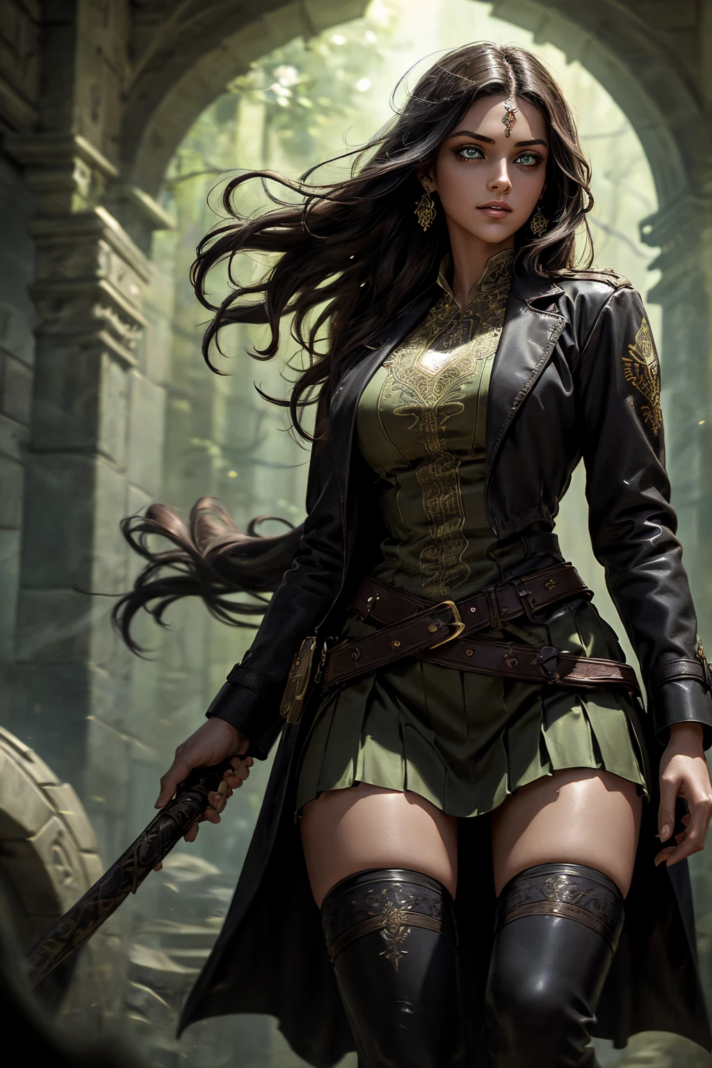 A stunning Indian beauty, with bright green eyes, standing in swirling black smoke, with dark brown-black long wavy hair, mesmerizing features with a scary expression, finely detailed eyes, angry mood masterpiece, top quality, best quality, official art, beautiful and aesthetic:1.2), (1girl), extreme detailed,(fractal art:1.3), colorful, highest detailed, (masterpiece, best quality:1.3) 1 bright-green-eyed woman, professional digital painting, Unreal Engine 5. Wearing a black-buttoned-up military-trench coat. Scary void dripping from body and face black magic swirling around. Arms up casting black magic from fingertips. Black smoke swirled around her. Holding a rapier. Purple-tinted background.A stunning Indian beauty, with dark brown-black long wavy long hair, with mesmerizing feature with a Hopeful smiling expression, finely detailed eyes, happy mood masterpiece, top quality, best quality, official art, beautiful and aesthetic:1.2), (1girl), extreme detailed,(fractal art:1.3), colorful, highest detailed, (masterpiece, best quality:1.3) 1 bright-green-eyed woman, professional digital painting, Unreal Engine 5. In a 1920 setting, holding lavender flowers at a Lavender flower farm, wearing 1930 style clothing, South-Indian woman, olive-skinned woman, masterpiece, top quality, best quality, official art, beautiful and aesthetic:1.2), (1girl), extreme detailed,(fractal art:1.3), colorful, highest detailed, (masterpiece, best quality:1.3) 1 green-eyed woman, professional digital painting, Unreal Engine 5. Wearing embroidered linen blouse, Wearing long pleated skirt, Wearing Moleskin Field Jacket. Long hair, hopeful expression, finely detailed eyes, smiling, epic scene, epic composition, Cinematic Lighting, Volumetric Lighting, ethereal light, intricate details, extremely detailed volumetric rays. Green Eyes. [Beautiful girl, linen shirt and pants, oil painting, Detailed facial features, Sunlight, bright colors, dramatic lighting, expressive eyes and lips, High Resolutio