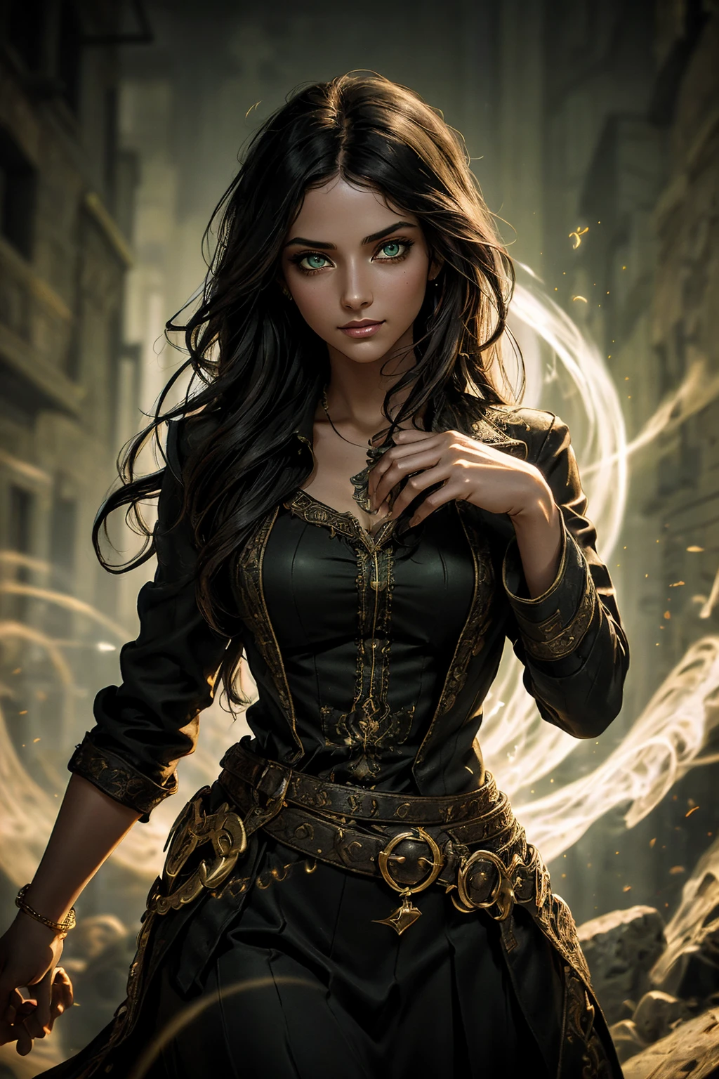 A stunning Indian beauty, with bright green eyes, standing in swirling black smoke, with dark brown-black long wavy hair, mesmerizing features with a scary expression, finely detailed eyes, angry mood masterpiece, top quality, best quality, official art, beautiful and aesthetic:1.2), (1girl), extreme detailed,(fractal art:1.3), colorful, highest detailed, (masterpiece, best quality:1.3) 1 bright-green-eyed woman, professional digital painting, Unreal Engine 5. Wearing a black-buttoned-up military-trench coat. Scary void dripping from body and face black magic swirling around. Arms up casting black magic from fingertips. Black smoke swirled around her. Holding a rapier. Purple-tinted background.A stunning Indian beauty, with dark brown-black long wavy long hair, with mesmerizing feature with a Hopeful smiling expression, finely detailed eyes, happy mood masterpiece, top quality, best quality, official art, beautiful and aesthetic:1.2), (1girl), extreme detailed,(fractal art:1.3), colorful, highest detailed, (masterpiece, best quality:1.3) 1 bright-green-eyed woman, professional digital painting, Unreal Engine 5. In a 1920 setting, holding lavender flowers at a Lavender flower farm, wearing 1930 style clothing, South-Indian woman, olive-skinned woman, masterpiece, top quality, best quality, official art, beautiful and aesthetic:1.2), (1girl), extreme detailed,(fractal art:1.3), colorful, highest detailed, (masterpiece, best quality:1.3) 1 green-eyed woman, professional digital painting, Unreal Engine 5. Wearing embroidered linen blouse, Wearing long pleated skirt, Wearing Moleskin Field Jacket. Long hair, hopeful expression, finely detailed eyes, smiling, epic scene, epic composition, Cinematic Lighting, Volumetric Lighting, ethereal light, intricate details, extremely detailed volumetric rays. Green Eyes. [Beautiful girl, linen shirt and pants, oil painting, Detailed facial features, Sunlight, bright colors, dramatic lighting, expressive eyes and lips, High Resolutio