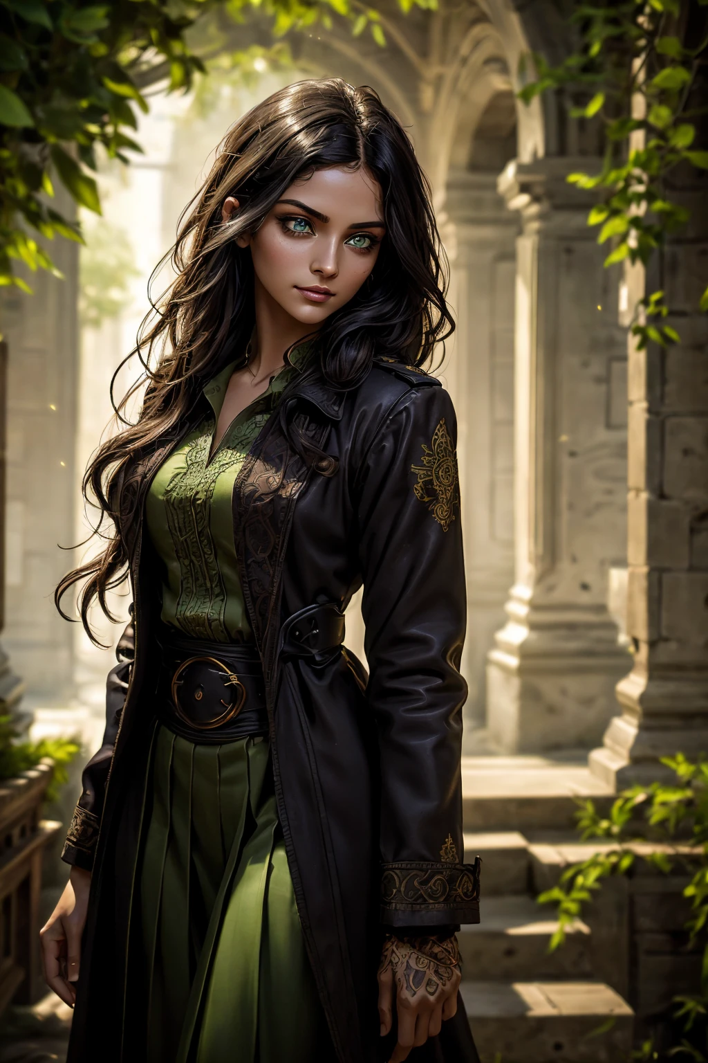 A stunning Indian beauty, with bright green eyes, standing in swirling black smoke, with dark brown-black long wavy hair, mesmerizing features with a scary expression, finely detailed eyes, angry mood masterpiece, top quality, best quality, official art, beautiful and aesthetic:1.2), (1girl), extreme detailed,(fractal art:1.3), colorful, highest detailed, (masterpiece, best quality:1.3) 1 bright-green-eyed woman, professional digital painting, Unreal Engine 5. Wearing a black-buttoned-up military-trench coat. Scary void dripping from body and face black magic swirling around. Arms up casting black magic from fingertips. Black smoke swirled around her. Holding a rapier. Purple-tinted background.A stunning Indian beauty, with dark brown-black long wavy long hair, with mesmerizing feature with a Hopeful smiling expression, finely detailed eyes, happy mood masterpiece, top quality, best quality, official art, beautiful and aesthetic:1.2), (1girl), extreme detailed,(fractal art:1.3), colorful, highest detailed, (masterpiece, best quality:1.3) 1 bright-green-eyed woman, professional digital painting, Unreal Engine 5. In a 1920 setting, holding lavender flowers at a Lavender flower farm, wearing 1930 style clothing, South-Indian woman, olive-skinned woman, masterpiece, top quality, best quality, official art, beautiful and aesthetic:1.2), (1girl), extreme detailed,(fractal art:1.3), colorful, highest detailed, (masterpiece, best quality:1.3) 1 green-eyed woman, professional digital painting, Unreal Engine 5. Wearing embroidered linen blouse, Wearing long pleated skirt, Wearing Moleskin Field Jacket. Long hair, hopeful expression, finely detailed eyes, smiling, epic scene, epic composition, Cinematic Lighting, Volumetric Lighting, ethereal light, intricate details, extremely detailed volumetric rays. Green Eyes. [Beautiful girl, linen shirt and pants, oil painting, Detailed facial features, Sunlight, bright colors, dramatic lighting, expressive eyes and lips, High Resolutio
