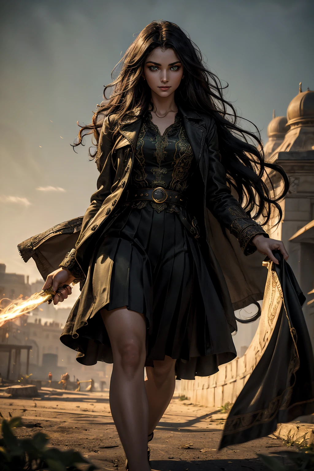 A stunning Indian beauty, with bright green eyes, standing in swirling black smoke, with dark brown-black long wavy hair, mesmerizing features with a scary expression, finely detailed eyes, angry mood masterpiece, top quality, best quality, official art, beautiful and aesthetic:1.2), (1girl), extreme detailed,(fractal art:1.3), colorful, highest detailed, (masterpiece, best quality:1.3) 1 bright-green-eyed woman, professional digital painting, Unreal Engine 5. Wearing a black-buttoned-up military-trench coat. Scary void dripping from body and face black magic swirling around. Arms up casting black magic from fingertips. Black smoke swirled around her. Holding a rapier. Purple-tinted background.A stunning Indian beauty, with dark brown-black long wavy long hair, with mesmerizing feature with a Hopeful smiling expression, finely detailed eyes, happy mood masterpiece, top quality, best quality, official art, beautiful and aesthetic:1.2), (1girl), extreme detailed,(fractal art:1.3), colorful, highest detailed, (masterpiece, best quality:1.3) 1 bright-green-eyed woman, professional digital painting, Unreal Engine 5. In a 1920 setting, holding lavender flowers at a Lavender flower farm, wearing 1930 style clothing, South-Indian woman, olive-skinned woman, masterpiece, top quality, best quality, official art, beautiful and aesthetic:1.2), (1girl), extreme detailed,(fractal art:1.3), colorful, highest detailed, (masterpiece, best quality:1.3) 1 green-eyed woman, professional digital painting, Unreal Engine 5. Wearing embroidered linen blouse, Wearing long pleated skirt, Wearing Moleskin Field Jacket. Long hair, hopeful expression, finely detailed eyes, smiling, epic scene, epic composition, Cinematic Lighting, Volumetric Lighting, ethereal light, intricate details, extremely detailed volumetric rays. Green Eyes. [Beautiful girl, linen shirt and pants, oil painting, Detailed facial features, Sunlight, bright colors, dramatic lighting, expressive eyes and lips, High Resolutio