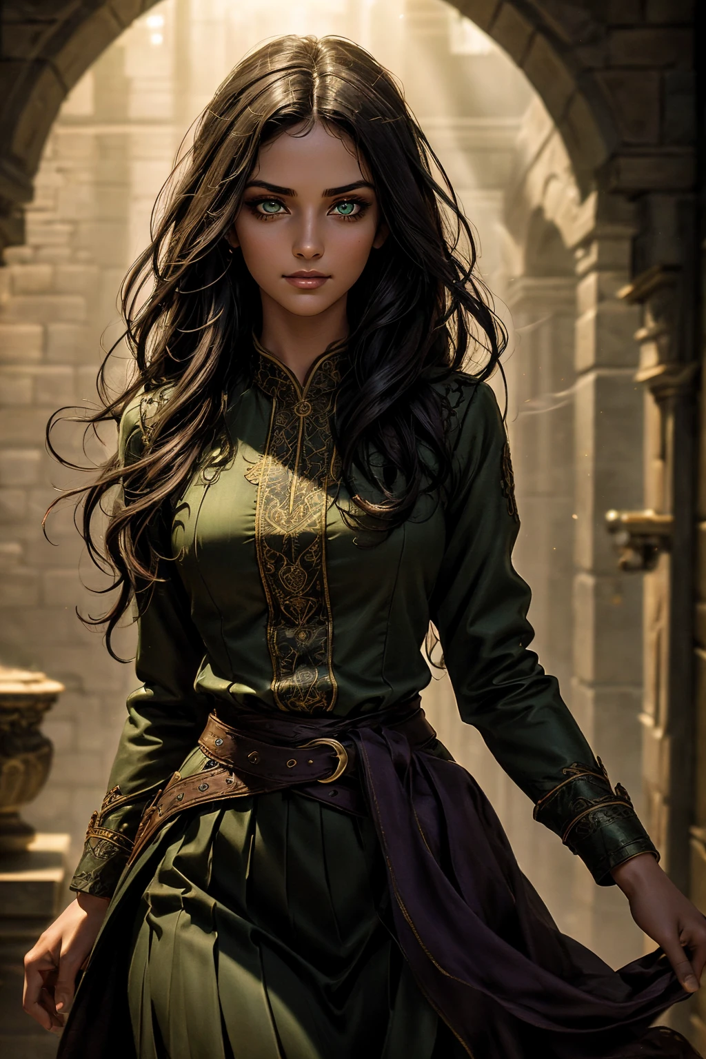 A stunning Indian beauty, with bright green eyes, standing in swirling black smoke, with dark brown-black long wavy hair, mesmerizing features with a scary expression, finely detailed eyes, angry mood masterpiece, top quality, best quality, official art, beautiful and aesthetic:1.2), (1girl), extreme detailed,(fractal art:1.3), colorful, highest detailed, (masterpiece, best quality:1.3) 1 bright-green-eyed woman, professional digital painting, Unreal Engine 5. Wearing a black-buttoned-up military-trench coat. Scary void dripping from body and face black magic swirling around. Arms up casting black magic from fingertips. Black smoke swirled around her. Holding a rapier. Purple-tinted background.A stunning Indian beauty, with dark brown-black long wavy long hair, with mesmerizing feature with a Hopeful smiling expression, finely detailed eyes, happy mood masterpiece, top quality, best quality, official art, beautiful and aesthetic:1.2), (1girl), extreme detailed,(fractal art:1.3), colorful, highest detailed, (masterpiece, best quality:1.3) 1 bright-green-eyed woman, professional digital painting, Unreal Engine 5. In a 1920 setting, holding lavender flowers at a Lavender flower farm, wearing 1930 style clothing, South-Indian woman, olive-skinned woman, masterpiece, top quality, best quality, official art, beautiful and aesthetic:1.2), (1girl), extreme detailed,(fractal art:1.3), colorful, highest detailed, (masterpiece, best quality:1.3) 1 green-eyed woman, professional digital painting, Unreal Engine 5. Wearing embroidered linen blouse, Wearing long pleated skirt, Wearing Moleskin Field Jacket. Long hair, hopeful expression, finely detailed eyes, smiling, epic scene, epic composition, Cinematic Lighting, Volumetric Lighting, ethereal light, intricate details, extremely detailed volumetric rays. Green Eyes. [Beautiful girl, linen shirt and pants, oil painting, Detailed facial features, Sunlight, bright colors, dramatic lighting, expressive eyes and lips, High Resolutio