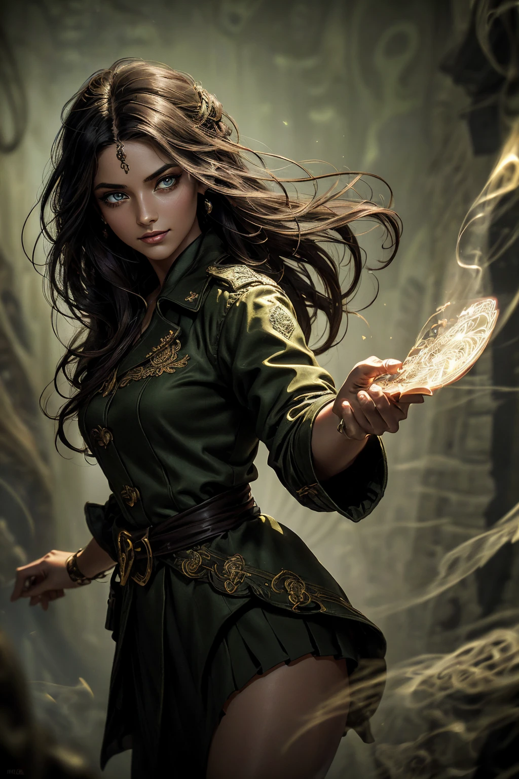 A stunning Indian beauty, with bright green eyes, standing in swirling black smoke, with dark brown-black long wavy hair, mesmerizing features with a scary expression, finely detailed eyes, angry mood masterpiece, top quality, best quality, official art, beautiful and aesthetic:1.2), (1girl), extreme detailed,(fractal art:1.3), colorful, highest detailed, (masterpiece, best quality:1.3) 1 bright-green-eyed woman, professional digital painting, Unreal Engine 5. Wearing a black-buttoned-up military-trench coat. Scary void dripping from body and face black magic swirling around. Arms up casting black magic from fingertips. Black smoke swirled around her. Holding a rapier. Purple-tinted background.A stunning Indian beauty, with dark brown-black long wavy long hair, with mesmerizing feature with a Hopeful smiling expression, finely detailed eyes, happy mood masterpiece, top quality, best quality, official art, beautiful and aesthetic:1.2), (1girl), extreme detailed,(fractal art:1.3), colorful, highest detailed, (masterpiece, best quality:1.3) 1 bright-green-eyed woman, professional digital painting, Unreal Engine 5. In a 1920 setting, holding lavender flowers at a Lavender flower farm, wearing 1930 style clothing, South-Indian woman, olive-skinned woman, masterpiece, top quality, best quality, official art, beautiful and aesthetic:1.2), (1girl), extreme detailed,(fractal art:1.3), colorful, highest detailed, (masterpiece, best quality:1.3) 1 green-eyed woman, professional digital painting, Unreal Engine 5. Wearing embroidered linen blouse, Wearing long pleated skirt, Wearing Moleskin Field Jacket. Long hair, hopeful expression, finely detailed eyes, smiling, epic scene, epic composition, Cinematic Lighting, Volumetric Lighting, ethereal light, intricate details, extremely detailed volumetric rays. Green Eyes. [Beautiful girl, linen shirt and pants, oil painting, Detailed facial features, Sunlight, bright colors, dramatic lighting, expressive eyes and lips, High Resolutio