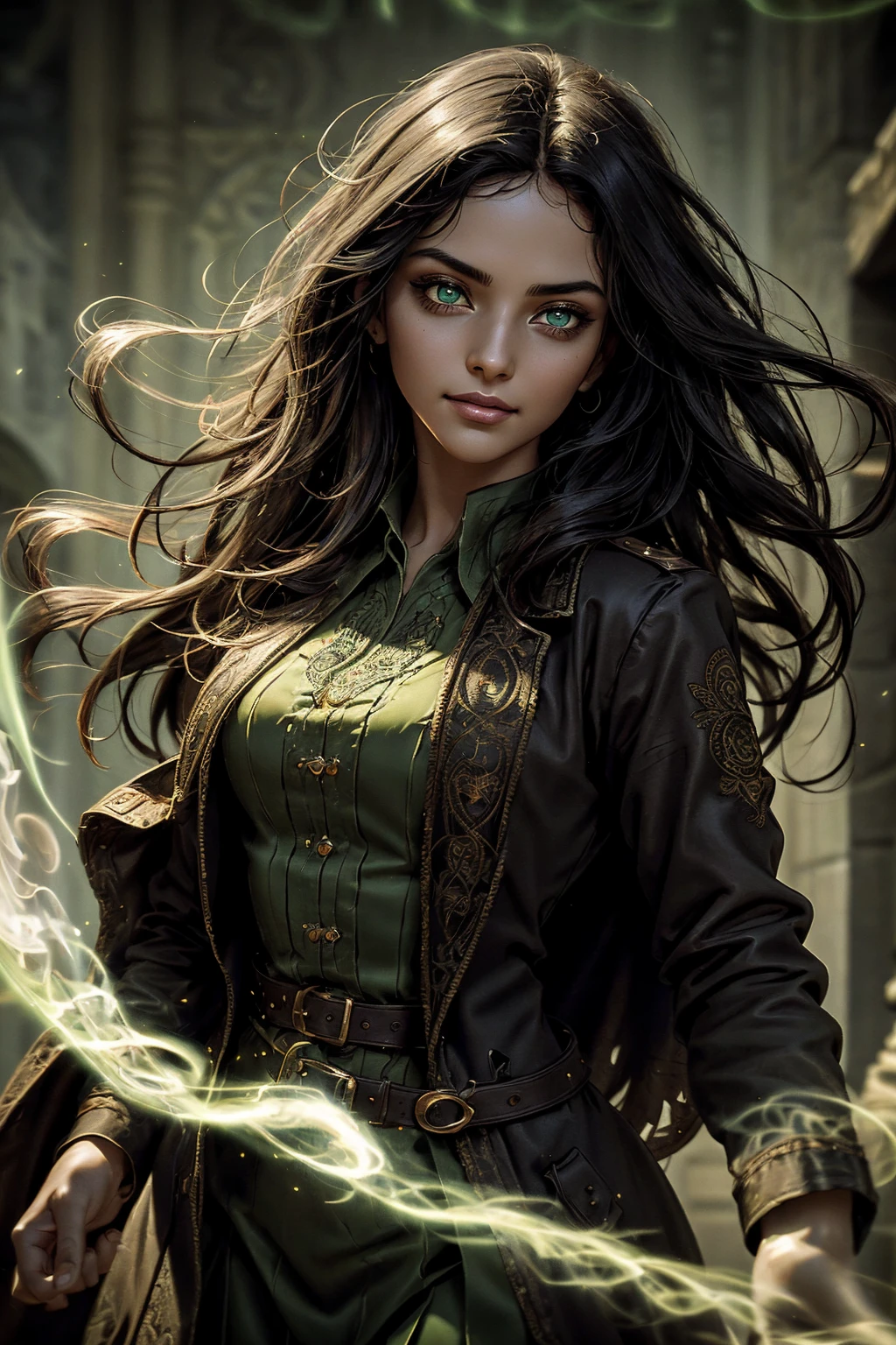 A stunning South-Indian woman, olive-skinned woman, Indian beauty, with bright green eyes, standing in swirling black smoke, with dark brown-black long wavy hair, mesmerizing features with a scary expression, finely detailed eyes, angry mood masterpiece, top quality, best quality, official art, beautiful and aesthetic:1.2), (1girl), extreme detailed,(fractal art:1.3), colorful, highest detailed, (masterpiece, best quality:1.3) professional digital painting, Unreal Engine 5. Wearing a black-buttoned-up military-trench coat. Scary void dripping from body and face black magic swirling around. Black smoke swirled around her. Purple-tinted background. In a 1920 setting, at a farm, wearing 1930 style clothing, , masterpiece, top quality, best quality, official art, beautiful and aesthetic:1.2), (1girl), extreme detailed,(fractal art:1.3), colorful, highest detailed, (masterpiece, best quality:1.3) 1 green-eyed woman, professional digital painting, Unreal Engine 5. Wearing embroidered linen blouse, Wearing long pleated skirt, Long hair, hopeful expression, finely detailed eyes, smiling, epic scene, epic composition, Cinematic Lighting, Volumetric Lighting, ethereal light, intricate details, extremely detailed volumetric rays. Green Eyes. [Beautiful girl, linen shirt and pants, oil painting, Detailed facial features, Sunlight, bright colors, dramatic lighting, expressive eyes and lips, High Resolution]

