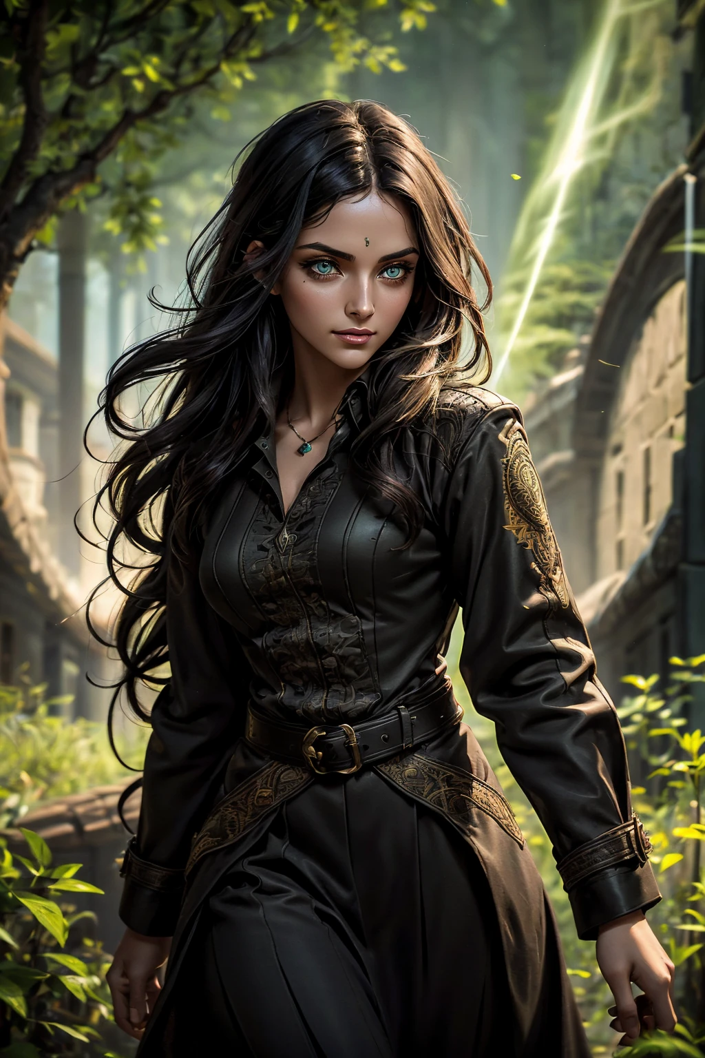 A stunning South-Indian woman, olive-skinned woman, Indian beauty, with bright green eyes, standing in swirling black smoke, with dark brown-black long wavy hair, mesmerizing features with a scary expression, finely detailed eyes, angry mood masterpiece, top quality, best quality, official art, beautiful and aesthetic:1.2), (1girl), extreme detailed,(fractal art:1.3), colorful, highest detailed, (masterpiece, best quality:1.3) professional digital painting, Unreal Engine 5. Wearing a black-buttoned-up military-trench coat. Scary void dripping from body and face black magic swirling around. Black smoke swirled around her. Purple-tinted background. In a 1920 setting, at a farm, wearing 1930 style clothing, , masterpiece, top quality, best quality, official art, beautiful and aesthetic:1.2), (1girl), extreme detailed,(fractal art:1.3), colorful, highest detailed, (masterpiece, best quality:1.3) 1 green-eyed woman, professional digital painting, Unreal Engine 5. Wearing embroidered linen blouse, Wearing long pleated skirt, Long hair, hopeful expression, finely detailed eyes, smiling, epic scene, epic composition, Cinematic Lighting, Volumetric Lighting, ethereal light, intricate details, extremely detailed volumetric rays. Green Eyes. [Beautiful girl, linen shirt and pants, oil painting, Detailed facial features, Sunlight, bright colors, dramatic lighting, expressive eyes and lips, High Resolution]

