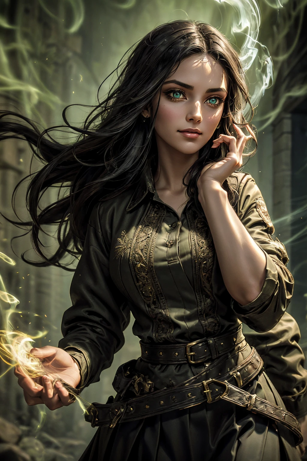 A stunning South-Indian woman, olive-skinned woman, Indian beauty, with bright green eyes, standing in swirling black smoke, with dark brown-black long wavy hair, mesmerizing features with a scary expression, finely detailed eyes, angry mood masterpiece, top quality, best quality, official art, beautiful and aesthetic:1.2), (1girl), extreme detailed,(fractal art:1.3), colorful, highest detailed, (masterpiece, best quality:1.3) professional digital painting, Unreal Engine 5. Wearing a black-buttoned-up military-trench coat. Scary void dripping from body and face black magic swirling around. Black smoke swirled around her. Purple-tinted background. In a 1920 setting, at a farm, wearing 1930 style clothing, , masterpiece, top quality, best quality, official art, beautiful and aesthetic:1.2), (1girl), extreme detailed,(fractal art:1.3), colorful, highest detailed, (masterpiece, best quality:1.3) 1 green-eyed woman, professional digital painting, Unreal Engine 5. Wearing embroidered linen blouse, Wearing long pleated skirt, Long hair, hopeful expression, finely detailed eyes, smiling, epic scene, epic composition, Cinematic Lighting, Volumetric Lighting, ethereal light, intricate details, extremely detailed volumetric rays. Green Eyes. [Beautiful girl, linen shirt and pants, oil painting, Detailed facial features, Sunlight, bright colors, dramatic lighting, expressive eyes and lips, High Resolution]
