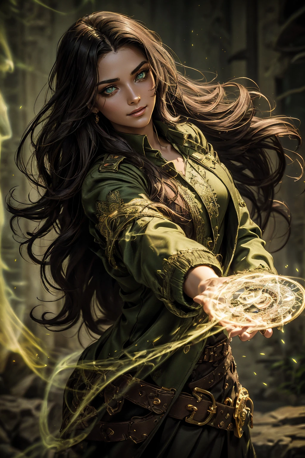 A stunning South-Indian woman, olive-skinned woman, Indian beauty, with bright green eyes, standing in swirling black smoke, with dark brown-black long wavy hair, mesmerizing features with a scary expression, finely detailed eyes, angry mood masterpiece, top quality, best quality, official art, beautiful and aesthetic:1.2), (1girl), extreme detailed,(fractal art:1.3), colorful, highest detailed, (masterpiece, best quality:1.3) professional digital painting, Unreal Engine 5. Wearing a black-buttoned-up military-trench coat. Scary void dripping from body and face black magic swirling around. Black smoke swirled around her. Purple-tinted background. In a 1920 setting, at a farm, wearing 1930 style clothing, , masterpiece, top quality, best quality, official art, beautiful and aesthetic:1.2), (1girl), extreme detailed,(fractal art:1.3), colorful, highest detailed, (masterpiece, best quality:1.3) 1 green-eyed woman, professional digital painting, Unreal Engine 5. Wearing embroidered linen blouse, Wearing long pleated skirt, Long hair, hopeful expression, finely detailed eyes, smiling, epic scene, epic composition, Cinematic Lighting, Volumetric Lighting, ethereal light, intricate details, extremely detailed volumetric rays. Green Eyes. [Beautiful girl, linen shirt and pants, oil painting, Detailed facial features, Sunlight, bright colors, dramatic lighting, expressive eyes and lips, High Resolution]
