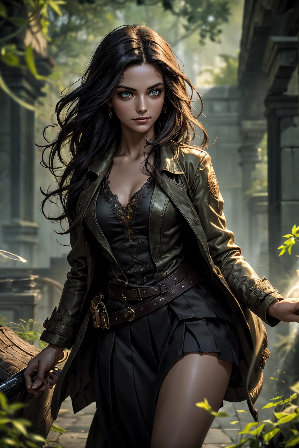 A stunning South-Indian woman, olive-skinned woman, Indian beauty, with bright green eyes, standing in swirling black smoke, with dark brown-black long wavy hair, mesmerizing features with a scary expression, finely detailed eyes, angry mood masterpiece, top quality, best quality, official art, beautiful and aesthetic:1.2), (1girl), extreme detailed,(fractal art:1.3), colorful, highest detailed, (masterpiece, best quality:1.3) professional digital painting, Unreal Engine 5. Wearing a black-buttoned-up military-trench coat. Scary void dripping from body and face black magic swirling around. Black smoke swirled around her. Purple-tinted background. In a 1920 setting, at a farm, wearing 1930 style clothing, , masterpiece, top quality, best quality, official art, beautiful and aesthetic:1.2), (1girl), extreme detailed,(fractal art:1.3), colorful, highest detailed, (masterpiece, best quality:1.3) 1 green-eyed woman, professional digital painting, Unreal Engine 5. Wearing embroidered linen blouse, Wearing long pleated skirt, Long hair, hopeful expression, finely detailed eyes, smiling, epic scene, epic composition, Cinematic Lighting, Volumetric Lighting, ethereal light, intricate details, extremely detailed volumetric rays. Green Eyes. [Beautiful girl, linen shirt and pants, oil painting, Detailed facial features, Sunlight, bright colors, dramatic lighting, expressive eyes and lips, High Resolution]
