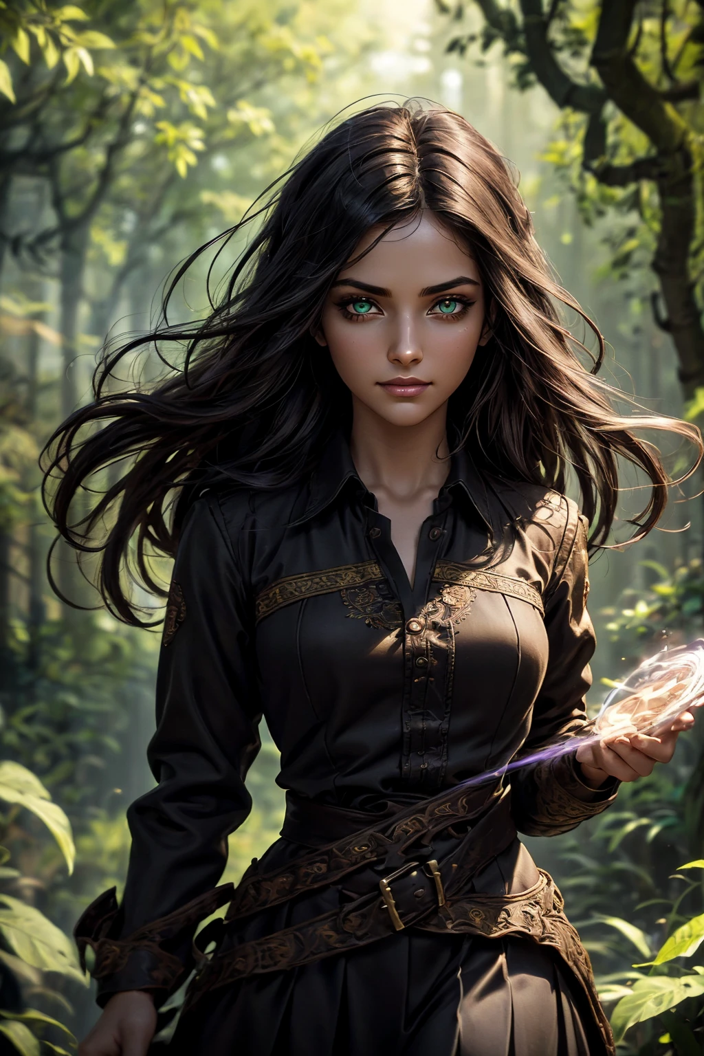 A stunning South-Indian woman, olive-skinned woman, Indian beauty, with bright green eyes, standing in swirling black smoke, with dark brown-black long wavy hair, mesmerizing features with a scary expression, finely detailed eyes, angry mood masterpiece, top quality, best quality, official art, beautiful and aesthetic:1.2), (1girl), extreme detailed,(fractal art:1.3), colorful, highest detailed, (masterpiece, best quality:1.3) professional digital painting, Unreal Engine 5. Wearing a black-buttoned-up military-trench coat. Scary void dripping from body and face black magic swirling around. Black smoke swirled around her. Purple-tinted background. In a 1920 setting, at a farm, wearing 1930 style clothing, , masterpiece, top quality, best quality, official art, beautiful and aesthetic:1.2), (1girl), extreme detailed,(fractal art:1.3), colorful, highest detailed, (masterpiece, best quality:1.3) 1 green-eyed woman, professional digital painting, Unreal Engine 5. Wearing embroidered linen blouse, Wearing long pleated skirt, Long hair, hopeful expression, finely detailed eyes, smiling, epic scene, epic composition, Cinematic Lighting, Volumetric Lighting, ethereal light, intricate details, extremely detailed volumetric rays. Green Eyes. [Beautiful girl, linen shirt and pants, oil painting, Detailed facial features, Sunlight, bright colors, dramatic lighting, expressive eyes and lips, High Resolution]
