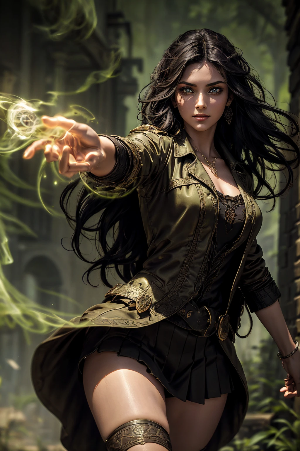 A stunning South-Indian woman, olive-skinned woman, Indian beauty, with bright green eyes, standing in swirling black smoke, with dark brown-black long wavy hair, mesmerizing features with a scary expression, finely detailed eyes, angry mood masterpiece, top quality, best quality, official art, beautiful and aesthetic:1.2), (1girl), extreme detailed,(fractal art:1.3), colorful, highest detailed, (masterpiece, best quality:1.3) professional digital painting, Unreal Engine 5. Wearing a black-buttoned-up military-trench coat. Scary void dripping from body and face black magic swirling around. Black smoke swirled around her. Purple-tinted background. In a 1920 setting, at a farm, wearing 1930 style clothing, , masterpiece, top quality, best quality, official art, beautiful and aesthetic:1.2), (1girl), extreme detailed,(fractal art:1.3), colorful, highest detailed, (masterpiece, best quality:1.3) 1 green-eyed woman, professional digital painting, Unreal Engine 5. Wearing embroidered linen blouse, Wearing long pleated skirt, Long hair, hopeful expression, finely detailed eyes, smiling, epic scene, epic composition, Cinematic Lighting, Volumetric Lighting, ethereal light, intricate details, extremely detailed volumetric rays. Green Eyes. [Beautiful girl, linen shirt and pants, oil painting, Detailed facial features, Sunlight, bright colors, dramatic lighting, expressive eyes and lips, High Resolution]
