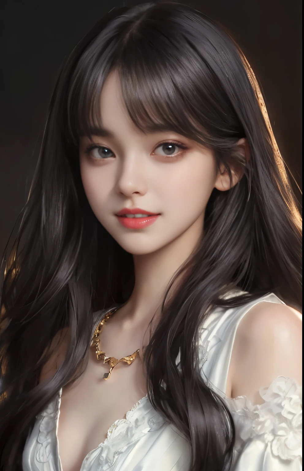 tmasterpiece、top-quality、portrait of one girl、hair adornments、a necklace、jewely、beautiful countenance、after sexing_Body、Tindall effect、Photorealsitic、Dark Studio、rim lit、twotonelighting、(High-detail skin:1.2)、8K UHD、Digital SLR, softlighting, high high quality, voluminetric lighting, Frankness, A picture, A high resolution, 4K, 8K,
