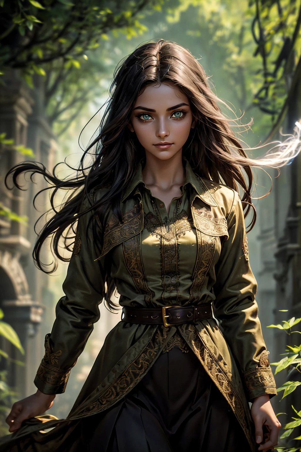 A stunning South-Indian woman, olive-skinned woman, Indian beauty, with bright green eyes, standing in swirling black smoke, with dark brown-black long wavy hair, mesmerizing features with a scary expression, finely detailed eyes, angry mood masterpiece, top quality, best quality, official art, beautiful and aesthetic:1.2), (1girl), extreme detailed,(fractal art:1.3), colorful, highest detailed, (masterpiece, best quality:1.3) professional digital painting, Unreal Engine 5. Wearing a black-buttoned-up military-trench coat. Scary void dripping from body and face black magic swirling around. Black smoke swirled around her. Purple-tinted background. In a 1920 setting, at a farm, wearing 1930 style clothing, , masterpiece, top quality, best quality, official art, beautiful and aesthetic:1.2), (1girl), extreme detailed,(fractal art:1.3), colorful, highest detailed, (masterpiece, best quality:1.3) 1 green-eyed woman, professional digital painting, Unreal Engine 5. Wearing embroidered linen blouse, Wearing long pleated skirt, Long hair, hopeful expression, finely detailed eyes, smiling, epic scene, epic composition, Cinematic Lighting, Volumetric Lighting, ethereal light, intricate details, extremely detailed volumetric rays. Green Eyes. [Beautiful girl, linen shirt and pants, oil painting, Detailed facial features, Sunlight, bright colors, dramatic lighting, expressive eyes and lips, High Resolution]
