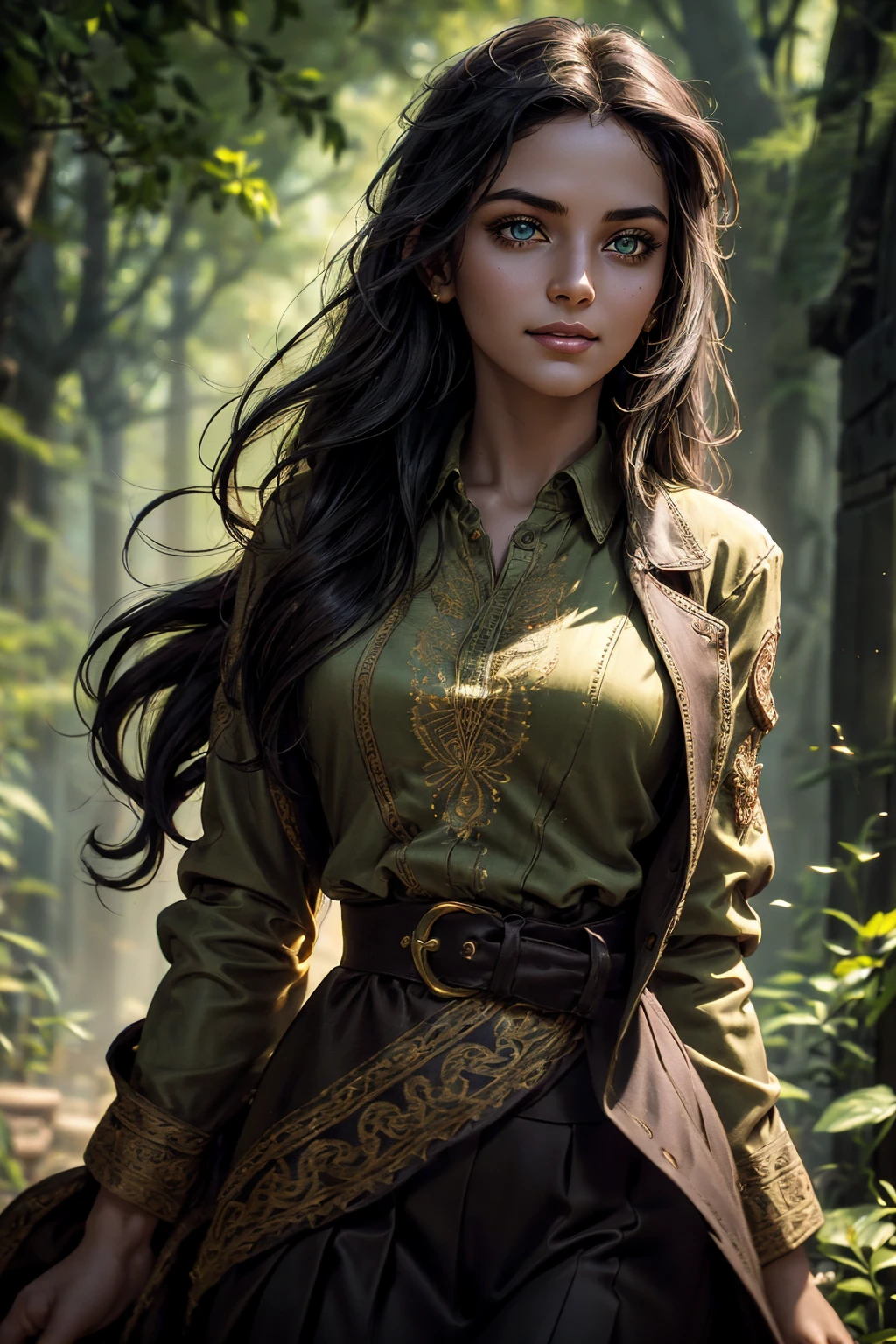 A stunning South-Indian woman, olive-skinned woman, Indian beauty, with bright green eyes, standing in swirling black smoke, with dark brown-black long wavy hair, mesmerizing features with a scary expression, finely detailed eyes, angry mood masterpiece, top quality, best quality, official art, beautiful and aesthetic:1.2), (1girl), extreme detailed,(fractal art:1.3), colorful, highest detailed, (masterpiece, best quality:1.3) professional digital painting, Unreal Engine 5. Wearing a black-buttoned-up military-trench coat. Scary void dripping from body and face black magic swirling around. Black smoke swirled around her. Purple-tinted background. In a 1920 setting, at a farm, wearing 1930 style clothing, , masterpiece, top quality, best quality, official art, beautiful and aesthetic:1.2), (1girl), extreme detailed,(fractal art:1.3), colorful, highest detailed, (masterpiece, best quality:1.3) 1 green-eyed woman, professional digital painting, Unreal Engine 5. Wearing embroidered linen blouse, Wearing long pleated skirt, Long hair, hopeful expression, finely detailed eyes, smiling, epic scene, epic composition, Cinematic Lighting, Volumetric Lighting, ethereal light, intricate details, extremely detailed volumetric rays. Green Eyes. [Beautiful girl, linen shirt and pants, oil painting, Detailed facial features, Sunlight, bright colors, dramatic lighting, expressive eyes and lips, High Resolution]
