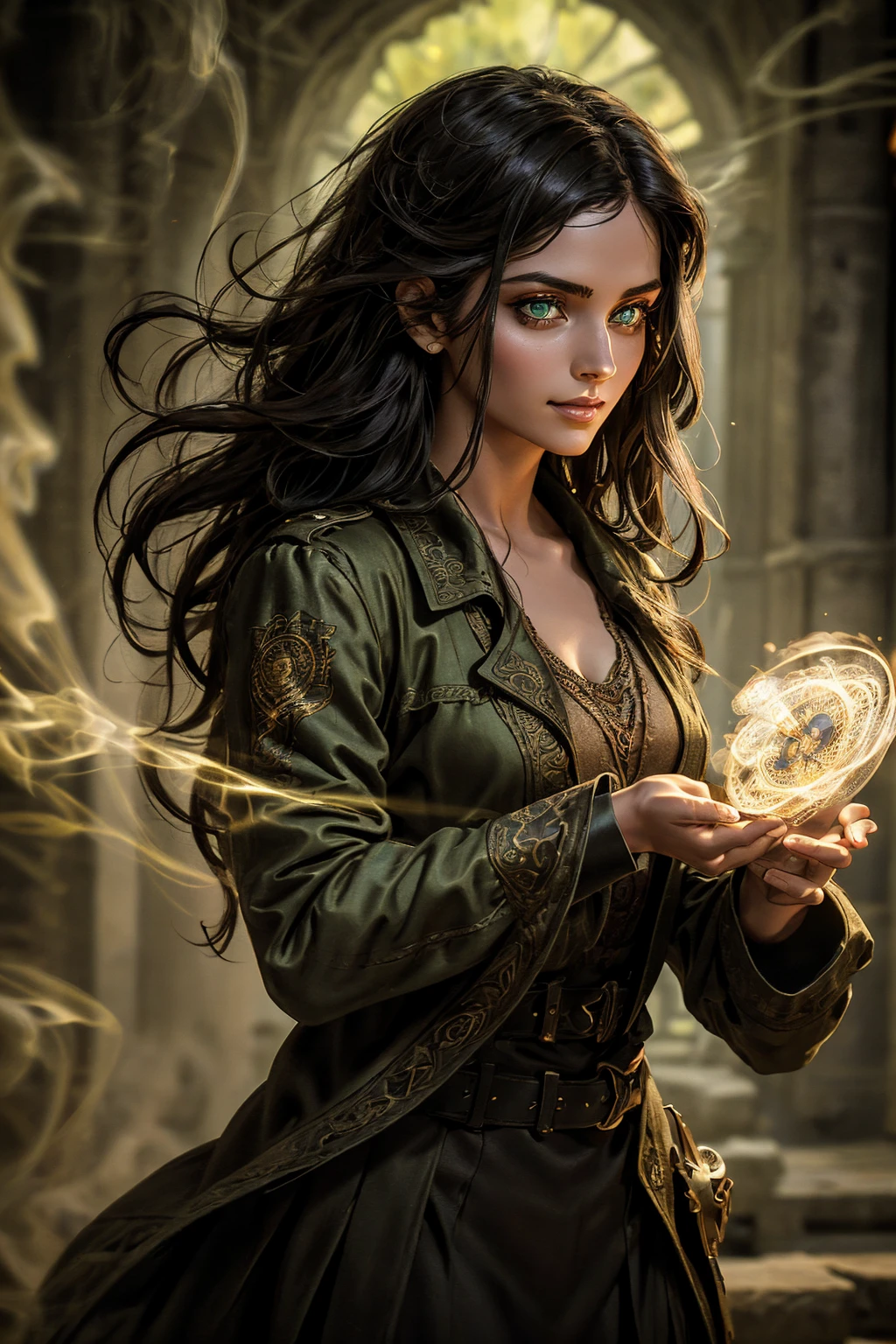 A stunning South-Indian woman, olive-skinned woman, Indian beauty, with bright green eyes, standing in swirling black smoke, with dark brown-black long wavy hair, mesmerizing features with a scary expression, finely detailed eyes, angry mood masterpiece, top quality, best quality, official art, beautiful and aesthetic:1.2), (1girl), extreme detailed,(fractal art:1.3), colorful, highest detailed, (masterpiece, best quality:1.3) professional digital painting, Unreal Engine 5. Wearing a black-buttoned-up military-trench coat. Scary void dripping from body and face black magic swirling around. Black smoke swirled around her. Purple-tinted background. In a 1920 setting, at a farm, wearing 1930 style clothing, , masterpiece, top quality, best quality, official art, beautiful and aesthetic:1.2), (1girl), extreme detailed,(fractal art:1.3), colorful, highest detailed, (masterpiece, best quality:1.3) 1 green-eyed woman, professional digital painting, Unreal Engine 5. Wearing embroidered linen blouse, Wearing long pleated skirt, Long hair, hopeful expression, finely detailed eyes, smiling, epic scene, epic composition, Cinematic Lighting, Volumetric Lighting, ethereal light, intricate details, extremely detailed volumetric rays. Green Eyes. [Beautiful girl, linen shirt and pants, oil painting, Detailed facial features, Sunlight, bright colors, dramatic lighting, expressive eyes and lips, High Resolution]
