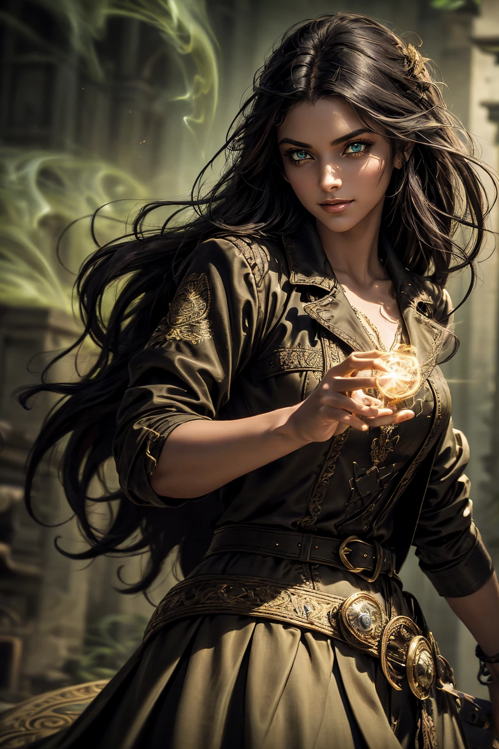 A stunning South-Indian woman, olive-skinned woman, Indian beauty, with bright green eyes, standing in swirling black smoke, with dark brown-black long wavy hair, mesmerizing features with a scary expression, finely detailed eyes, angry mood masterpiece, top quality, best quality, official art, beautiful and aesthetic:1.2), (1girl), extreme detailed,(fractal art:1.3), colorful, highest detailed, (masterpiece, best quality:1.3) professional digital painting, Unreal Engine 5. Wearing a black-buttoned-up military-trench coat. Scary void dripping from body and face black magic swirling around. Black smoke swirled around her. Purple-tinted background. In a 1920 setting, at a farm, wearing 1930 style clothing, , masterpiece, top quality, best quality, official art, beautiful and aesthetic:1.2), (1girl), extreme detailed,(fractal art:1.3), colorful, highest detailed, (masterpiece, best quality:1.3) 1 green-eyed woman, professional digital painting, Unreal Engine 5. Wearing embroidered linen blouse, Wearing long pleated skirt, Long hair, hopeful expression, finely detailed eyes, smiling, epic scene, epic composition, Cinematic Lighting, Volumetric Lighting, ethereal light, intricate details, extremely detailed volumetric rays. Green Eyes. [Beautiful girl, linen shirt and pants, oil painting, Detailed facial features, Sunlight, bright colors, dramatic lighting, expressive eyes and lips, High Resolution]
