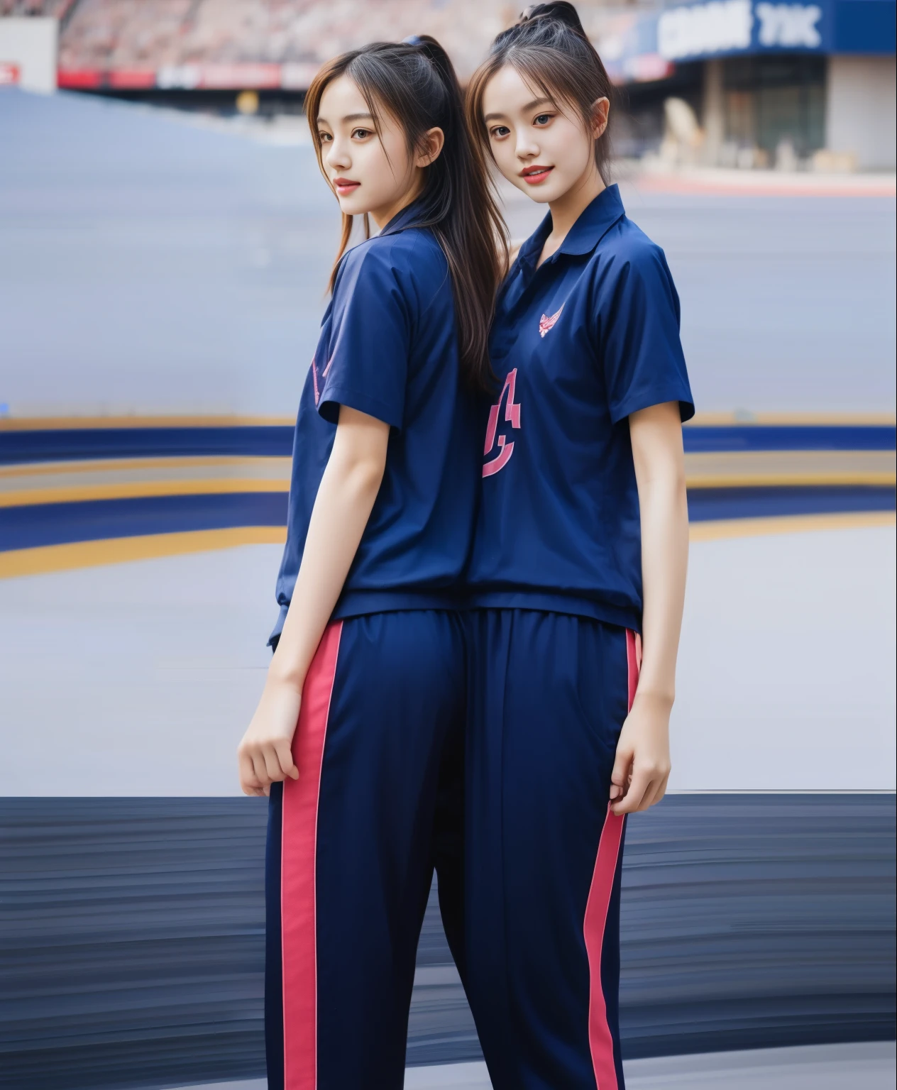 (best quality,10,10,height,Masterpiece:1.2),Special details,(realistic,ภาพrealistic,Realistic photos:1.37),1 cute girl on the football field,shiny, ผิวshiny,only,smile softly,BDclothelue shirt:1.3)),short sleeve,shirt, กางเกงขาlong.,(navy_long_track pants:1.1), ((stadium background:1.3)),Dynamic angle,excited,Face focus,dynamic poses,from behind,focus on ass,Masterpiece, best quality, ultra realistic, hyper-detail, 8K resolution, raw photos, Sharp focus, ((Navy blue shirt:1.1)), short sleeve, เส้นทางlong, perfect body, 2 mature women, 18 years old, Cinema-grade lighting system,blue sweatpants,shirtผ้าออกกำลังกาย,correct anatomy,perfect body, correct body, Sharp face, correct bodyทางกายวิภาค, full body, realistic gestures, long-haired, realistic poses,Wear long shorts................................,ช่วงขาlong,Good shape,carved girl, Slender figure, model, Good shape, beautiful body,blue sweatpants, two girls kissing