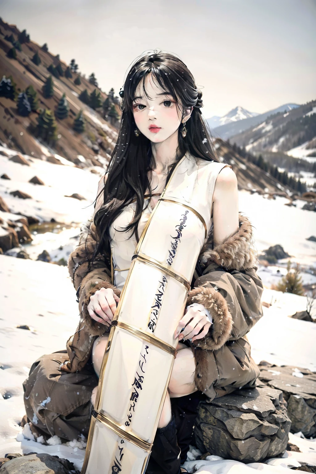 ((best quality)), ((masterpiece)), (detailed), perfect face，A beautiful woman wearing fur clothing，Sitting on a rock on a hill，Mighty image，Snowy mountains in the background，low angle photography，whole body composition，High quality work