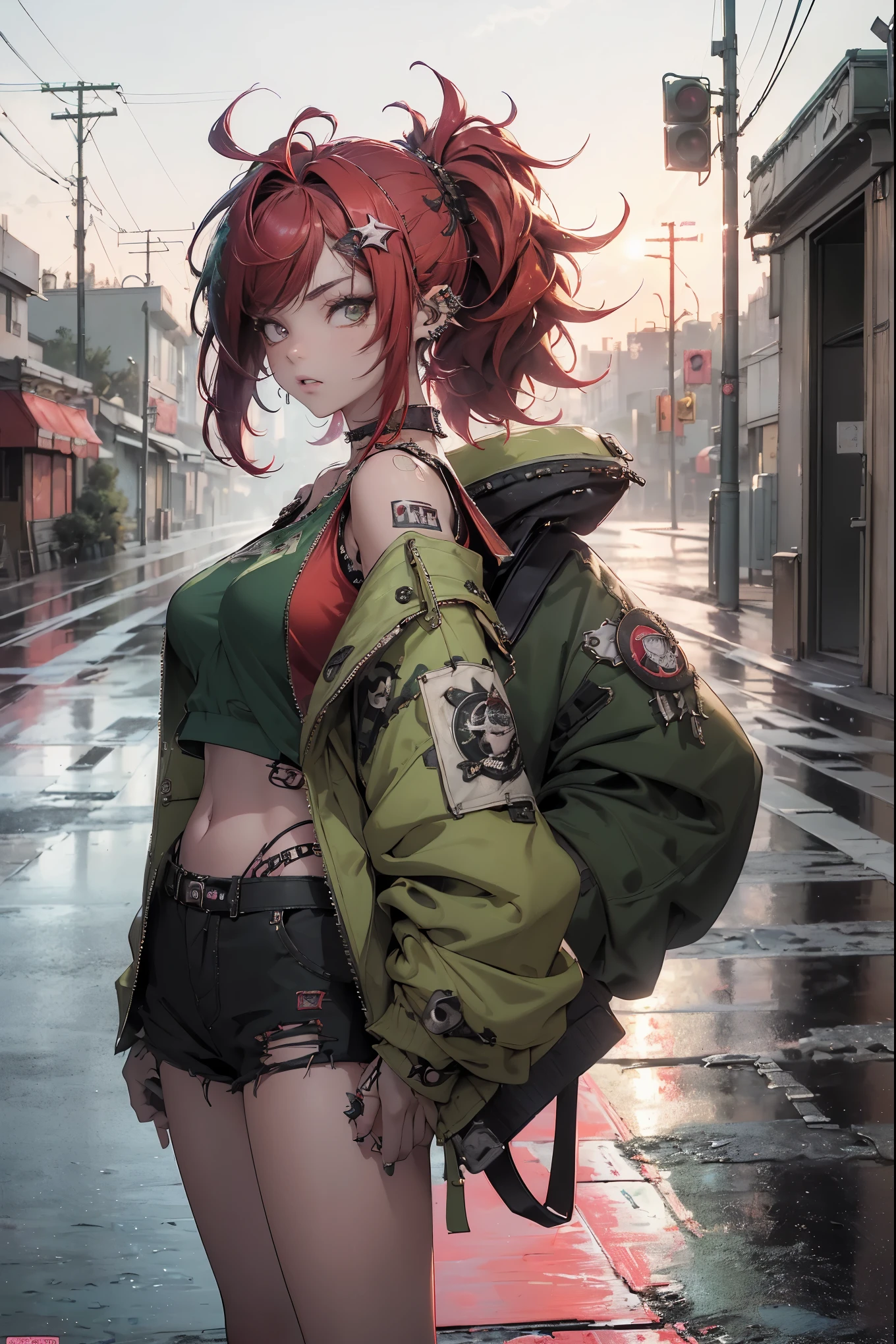 ((Highest quality)), ((masterpiece)), ((detailed)), (4K), 1woman, 独奏, ((eyepatch)), red eye, middle hair, messy hair, green hair, side ponytail, (fighter), crop top, leather jacket, medium breasts, see through, Torn miniskirt, suspender skirt, torn pantyhose, choker, bracelet, ((rain)), (wet), gloves, (expressionless), scowl, (from below), (looking down), face focus, looking at viewer, (open legs), fighting stance, wasteland, town, blurry background