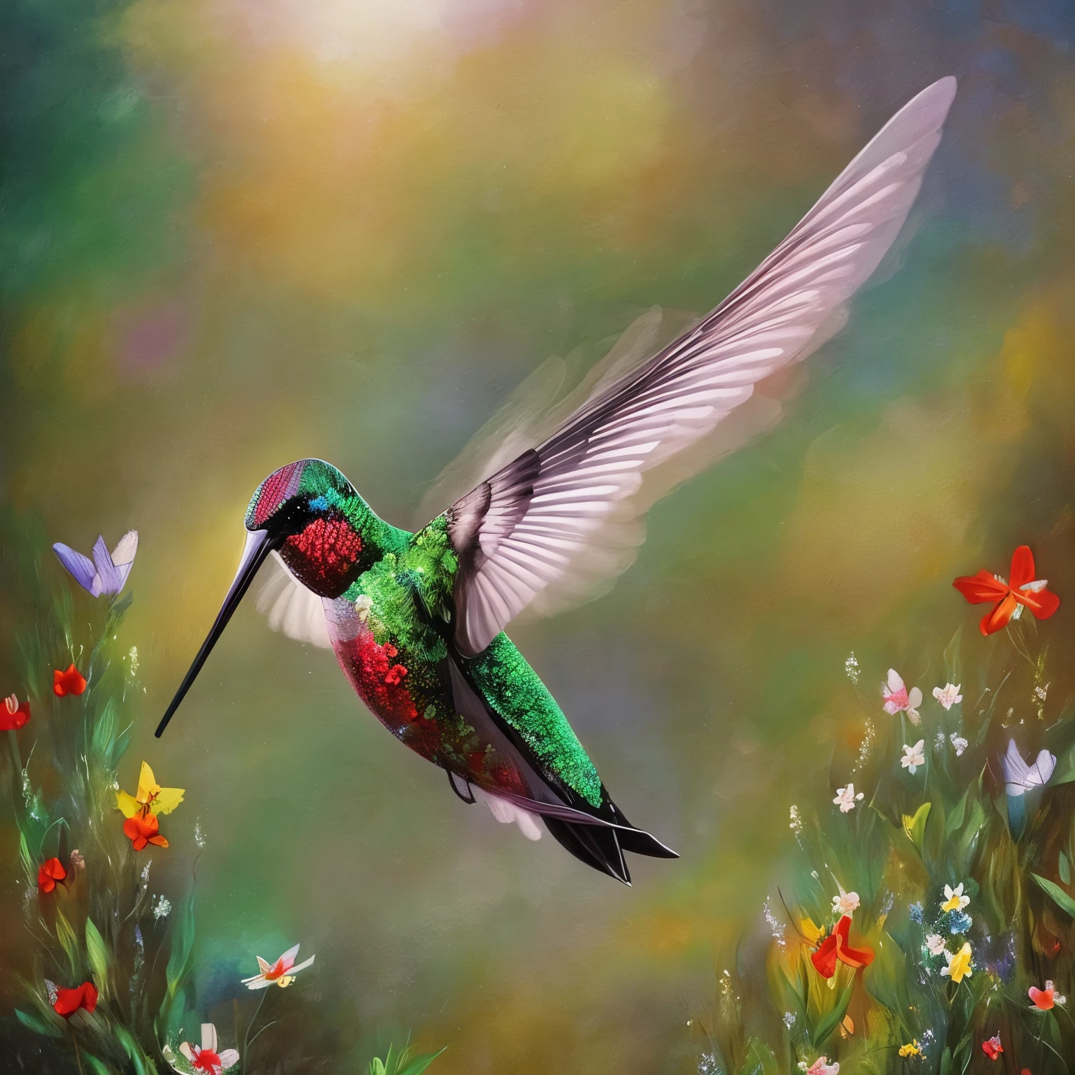 masterpiece, hummingbird, wind, wind-effect, background fantasy art, pastel colored forest