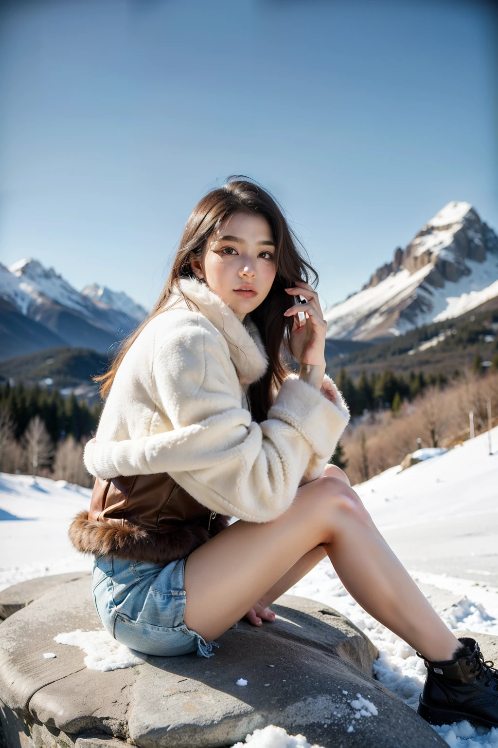 ((best quality)), ((masterpiece)), (detailed), perfect face，A beautiful woman wearing fur clothing，Sitting on a rock on a hill，Mighty image，Snowy mountains in the background，low angle photography，whole body composition，High quality work