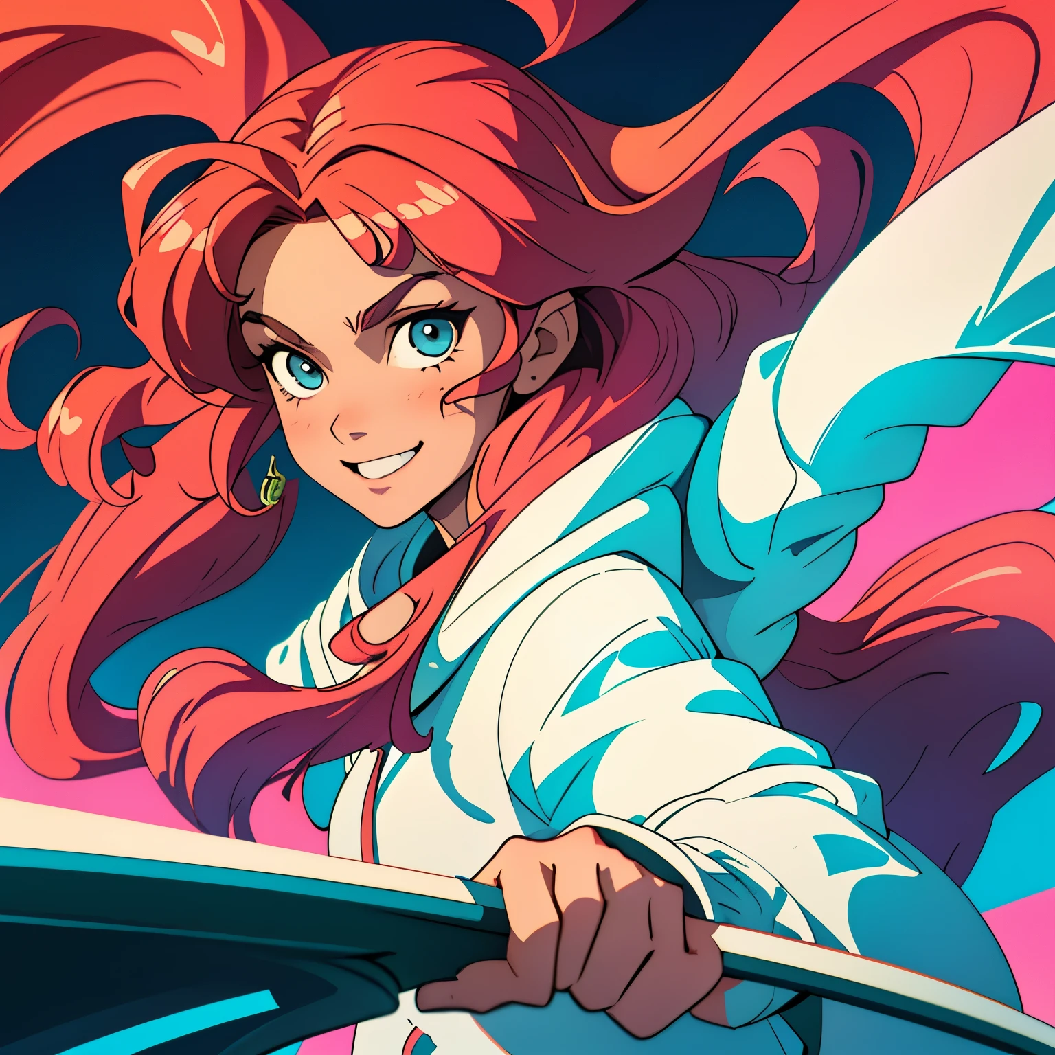 Masterpiece, best quality depiction: A young boy, teenage years, boasts curly brunette locks. He wears a white hoodie adorned with neon details, reminiscent of anime and cartoon culture. With expressive, wide-eyed features and a charming smile, his character is sure to captivate audiences. The illustration's high-definition, 8K resolution brings out the intricate details of every fibre in his curly hair, ensuring a visually stunning presentation. Anime-inspired aesthetics complement the vibrant colors and dynamic lines, adding to the lively and engaging atmosphere of the image.