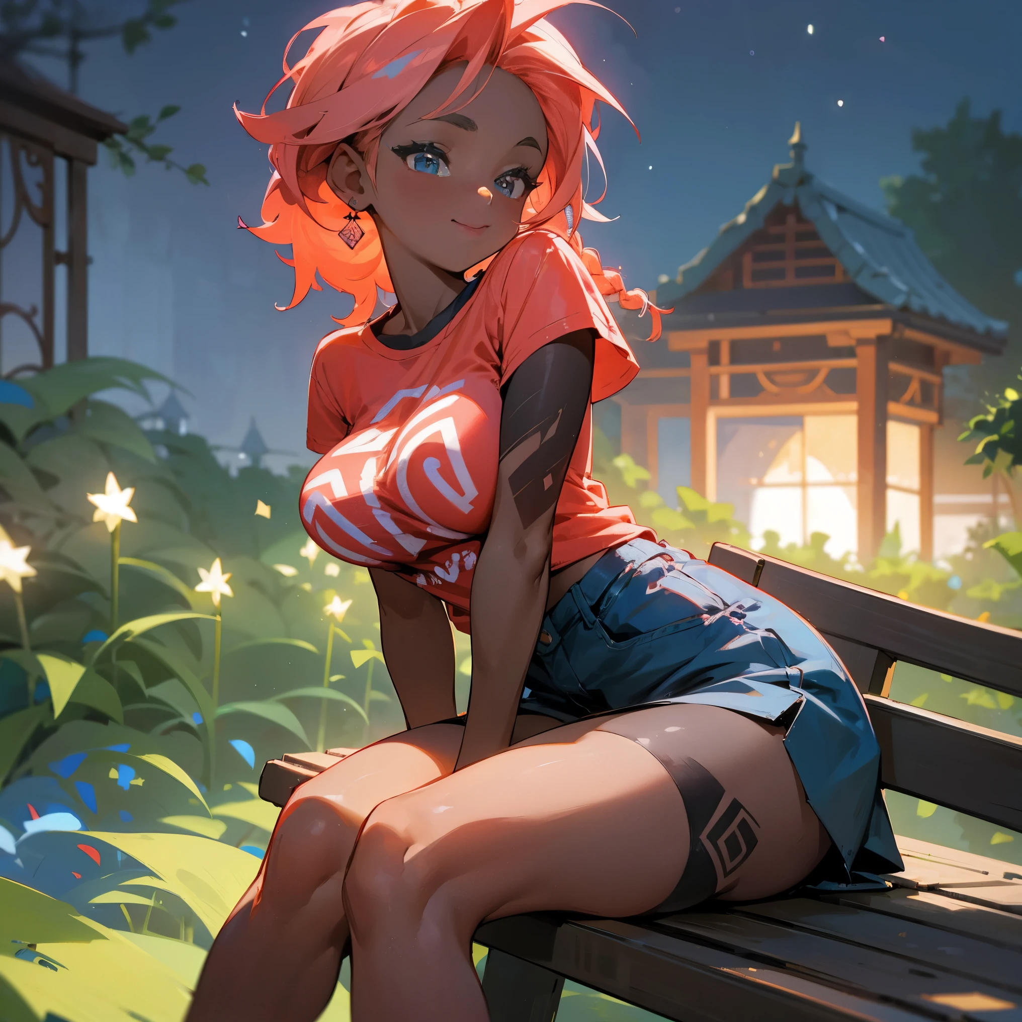 1female, adult, sexy, big breast, curvy, dark skin, finely detailed coral eyes, short messy braided hair, azure ombré hair color, loose graphic tee shirt, short skirt, cute pose, sitting on bench in garden, night, light smile, village, tattoos, delinquent