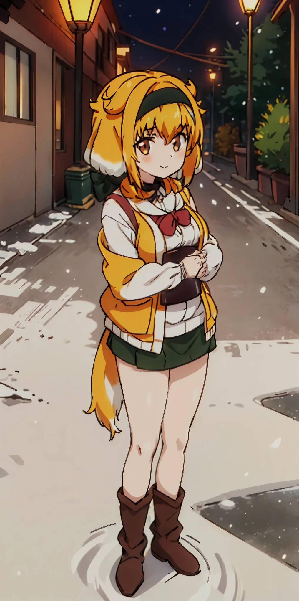 1girl, solo, lustful smirking smile face red cheeks, hands inside pockets, (winter outfit:1.2), STANDING STRAIGHT SYMMETRICAL LOOKING TO THE CAMERA, (knit cardigan:1.1), (bowknot on cardigan:1.25), knee-length skirt, (Ruffled hemline:1.3), winter boots, {delicate|detailed}clothes, (anatomically correct:1.34), close-up, full-body, looking at viewer, frontal, snowy street, (streetlight:1.17), NO background, unity 4k
