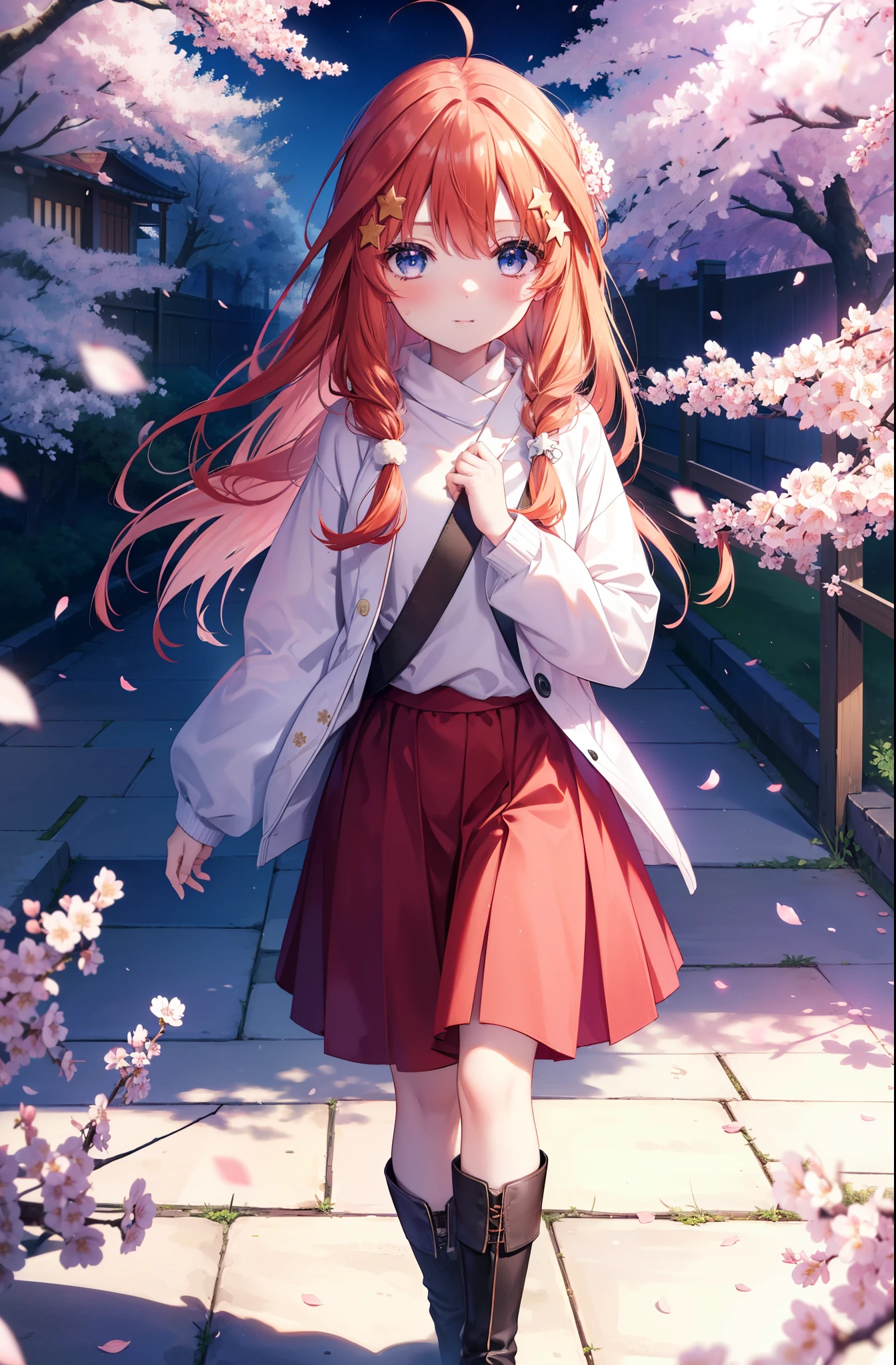 itsukinakano, Itsuki Nakano, bangs, blue eyes, hair between eyes, Ahoge,shoulder length and short braids,long hair, redhead, star \(symbol\), hair ornaments, star hair ornaments,smile,blush,white coat,white sweater,black muffler,Red long skirt,short boots,cherry blossoms are blooming,Cherry blossoms are scattered,Cherry blossom tree-lined path,
break outdoors, garden,
break (masterpiece:1.2), highest quality, High resolution, unity 8k wallpaper, (figure:0.8), (detailed and beautiful eyes:1.6), highly detailed face, perfect lighting, Very detailed CG, (perfect hands, perfect anatomy),