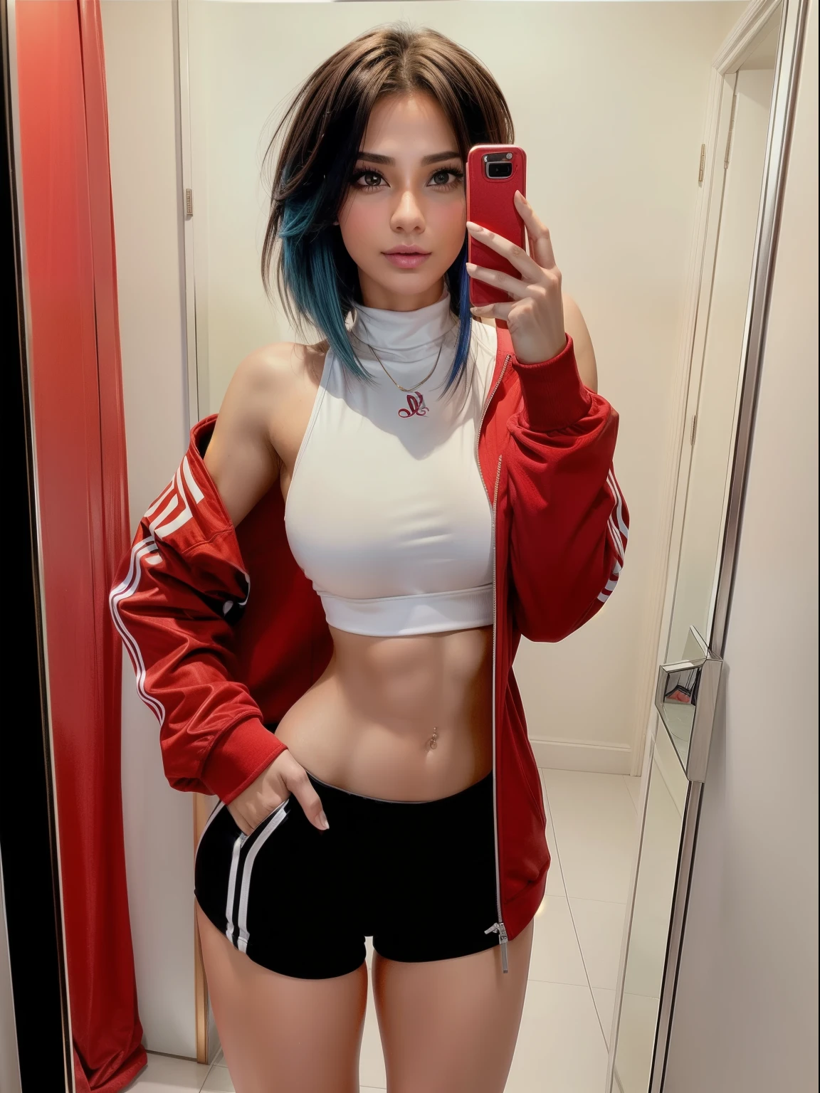 there is a woman taking a selfie in a mirror, sexy look, e girl in real life, sporty, fit girl, tight outfit, her wardrobe is attractive, very sexy outfit, wearing a tracksuit, abs, hyperrealistic, 1girl in, age19, Looking at Viewer, Realistic, A sexy, 4K, max quality, super sharp image, 8K, playboy model, =