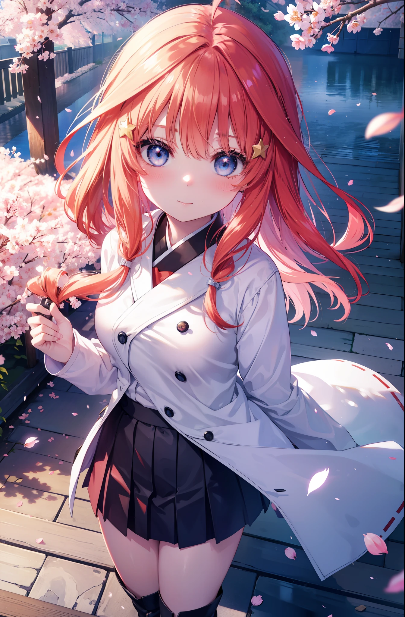 itsukinakano, Itsuki Nakano, bangs, blue eyes, hair between eyes, Ahoge,shoulder length and short braids,long hair, redhead, star \(symbol\), hair ornaments, star hair ornaments,smile,blush,white coat,white sweater,black muffler,Red long skirt,short boots,cherry blossoms are blooming,Cherry blossoms are scattered,Cherry blossom tree-lined path,
break outdoors, garden,
break (masterpiece:1.2), highest quality, High resolution, unity 8k wallpaper, (figure:0.8), (detailed and beautiful eyes:1.6), highly detailed face, perfect lighting, Very detailed CG, (perfect hands, perfect anatomy),