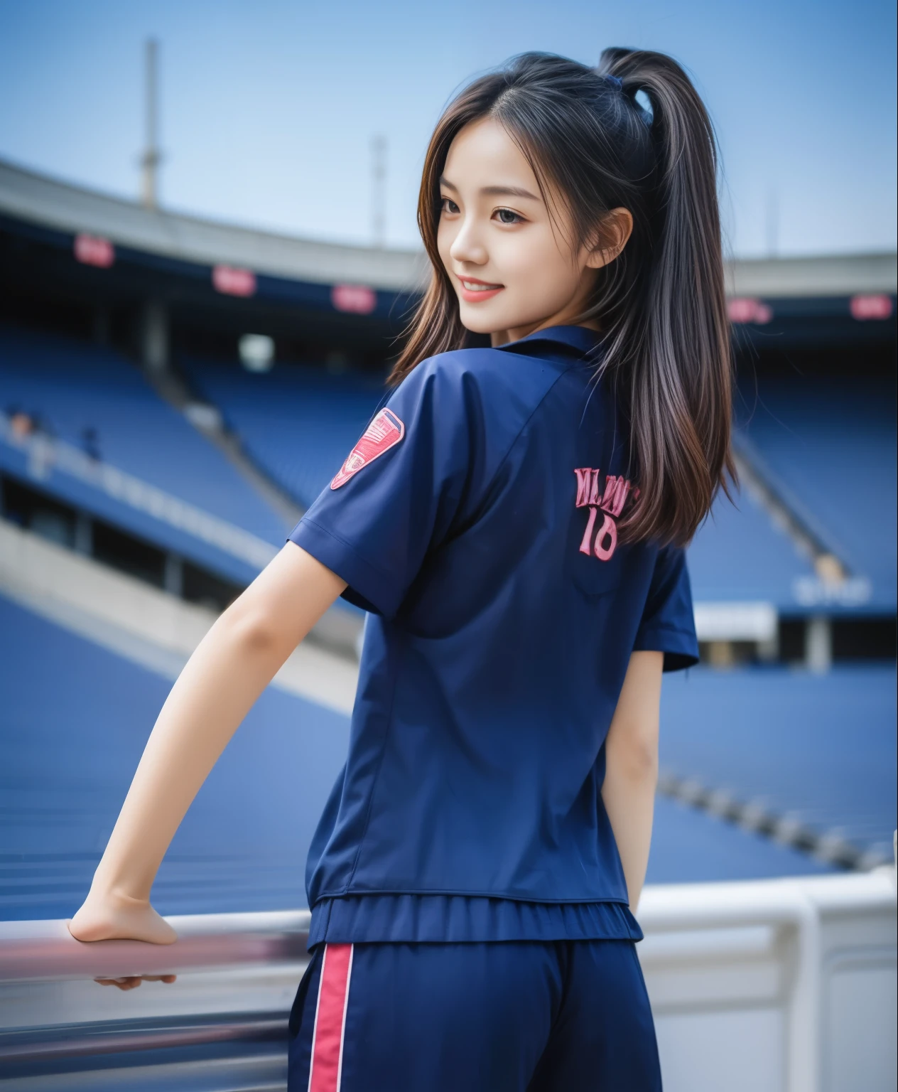 (best quality,10,10,height,Masterpiece:1.2),Special details,(realistic,ภาพrealistic,Realistic photos:1.37),1 cute girl on the football field,shiny, ผิวshiny,only,smile softly,BDclothelue shirt:1.3)),short sleeve,shirt, กางเกงขาlong.,(navy_long_track pants:1.1), ((stadium background:1.3)),Dynamic angle,excited,Face focus,dynamic poses,from behind,focus on ass,Masterpiece, best quality, ultra realistic, hyper-detail, 8K resolution, raw photos, Sharp focus, ((Navy blue shirt:1.1)), short sleeve, เส้นทางlong, perfect body, 2 mature women, 18 years old, Cinema-grade lighting system,blue sweatpants,shirtผ้าออกกำลังกาย,correct anatomy,perfect body, correct body, Sharp face, correct bodyทางกายวิภาค, full body, realistic gestures, long-haired, realistic poses,Wear long shorts................................,ช่วงขาlong,Good shape,carved girl, Slender figure, model, Good shape, beautiful body,blue sweatpants, two girls kissing