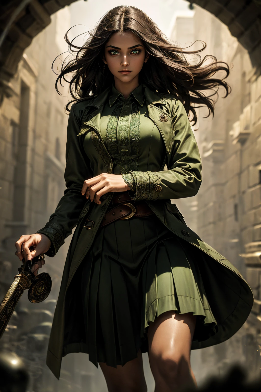 A stunning South-Indian woman, olive-skinned woman, Indian beauty, with bright green eyes, standing in swirling black smoke, with dark brown-black long wavy hair, mesmerizing features with a scary expression, finely detailed eyes, angry mood masterpiece, top quality, best quality, official art, beautiful and aesthetic:1.2), (1girl), extreme detailed,(fractal art:1.3), colorful, highest detailed, (masterpiece, best quality:1.3) professional digital painting, Unreal Engine 5. Wearing a black-buttoned-up military-trench coat. Scary void dripping from body and face black magic swirling around. Black smoke swirled around her. Purple-tinted background. In a 1920 setting, at a farm, wearing 1930 style clothing, , masterpiece, top quality, best quality, official art, beautiful and aesthetic:1.2), (1girl), extreme detailed,(fractal art:1.3), colorful, highest detailed, (masterpiece, best quality:1.3) 1 green-eyed woman, professional digital painting, Unreal Engine 5. Wearing embroidered linen blouse, Wearing long pleated skirt, Long hair, hopeful expression, finely detailed eyes, smiling, epic scene, epic composition, Cinematic Lighting, Volumetric Lighting, ethereal light, intricate details, extremely detailed volumetric rays. Green Eyes. [Beautiful girl, linen shirt and pants, oil painting, Detailed facial features, Sunlight, bright colors, dramatic lighting, expressive eyes and lips, High Resolution]
