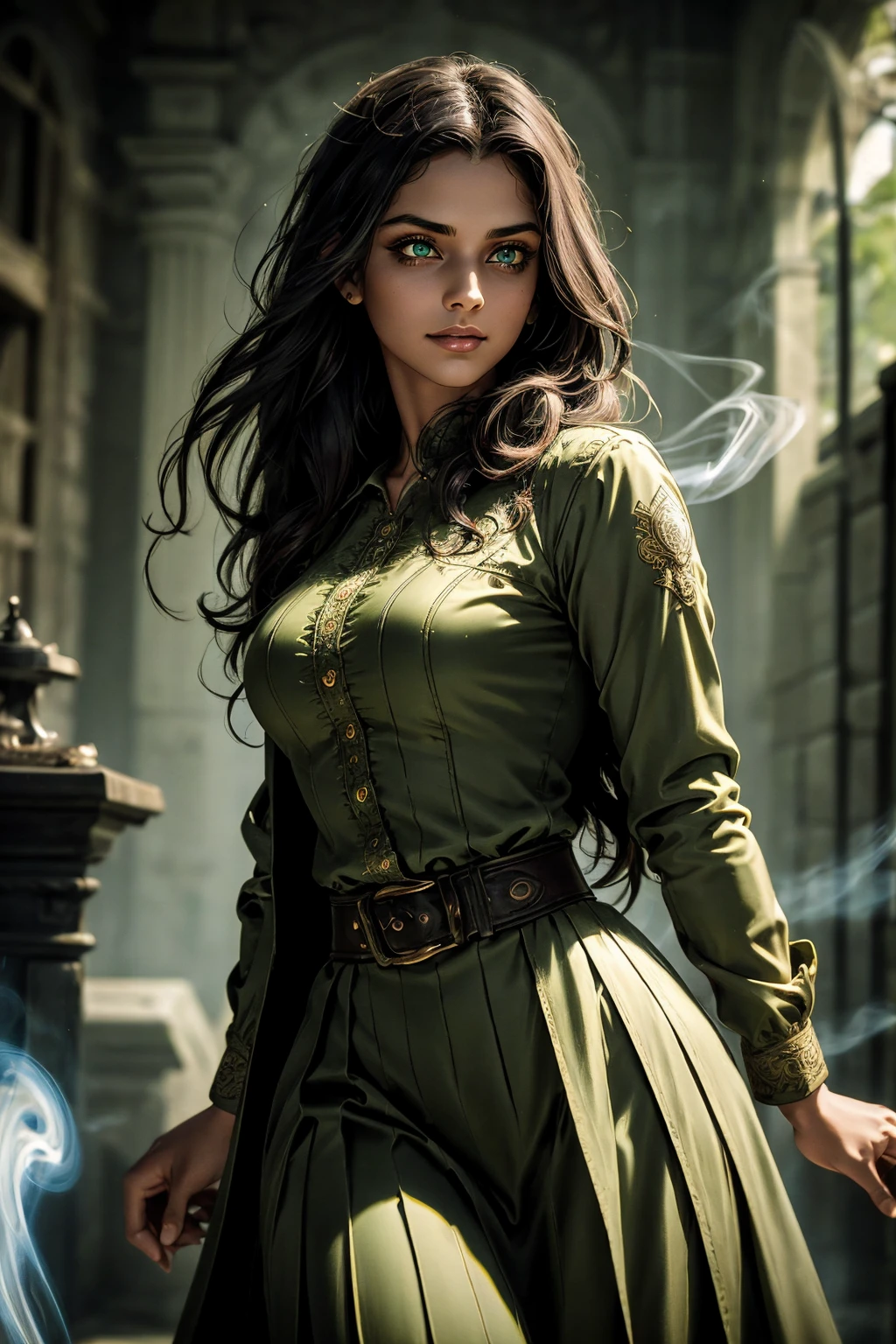 A stunning South-Indian woman, olive-skinned woman, Indian beauty, with bright green eyes, standing in swirling black smoke, with dark brown-black long wavy hair, mesmerizing features with a scary expression, finely detailed eyes, angry mood masterpiece, top quality, best quality, official art, beautiful and aesthetic:1.2), (1girl), extreme detailed,(fractal art:1.3), colorful, highest detailed, (masterpiece, best quality:1.3) professional digital painting, Unreal Engine 5. Wearing a black-buttoned-up military-trench coat. Scary void dripping from body and face black magic swirling around. Black smoke swirled around her. Purple-tinted background. In a 1920 setting, at a farm, wearing 1930 style clothing, , masterpiece, top quality, best quality, official art, beautiful and aesthetic:1.2), (1girl), extreme detailed,(fractal art:1.3), colorful, highest detailed, (masterpiece, best quality:1.3) 1 green-eyed woman, professional digital painting, Unreal Engine 5. Wearing embroidered linen blouse, Wearing long pleated skirt, Long hair, hopeful expression, finely detailed eyes, smiling, epic scene, epic composition, Cinematic Lighting, Volumetric Lighting, ethereal light, intricate details, extremely detailed volumetric rays. Green Eyes. [Beautiful girl, linen shirt and pants, oil painting, Detailed facial features, Sunlight, bright colors, dramatic lighting, expressive eyes and lips, High Resolution]
