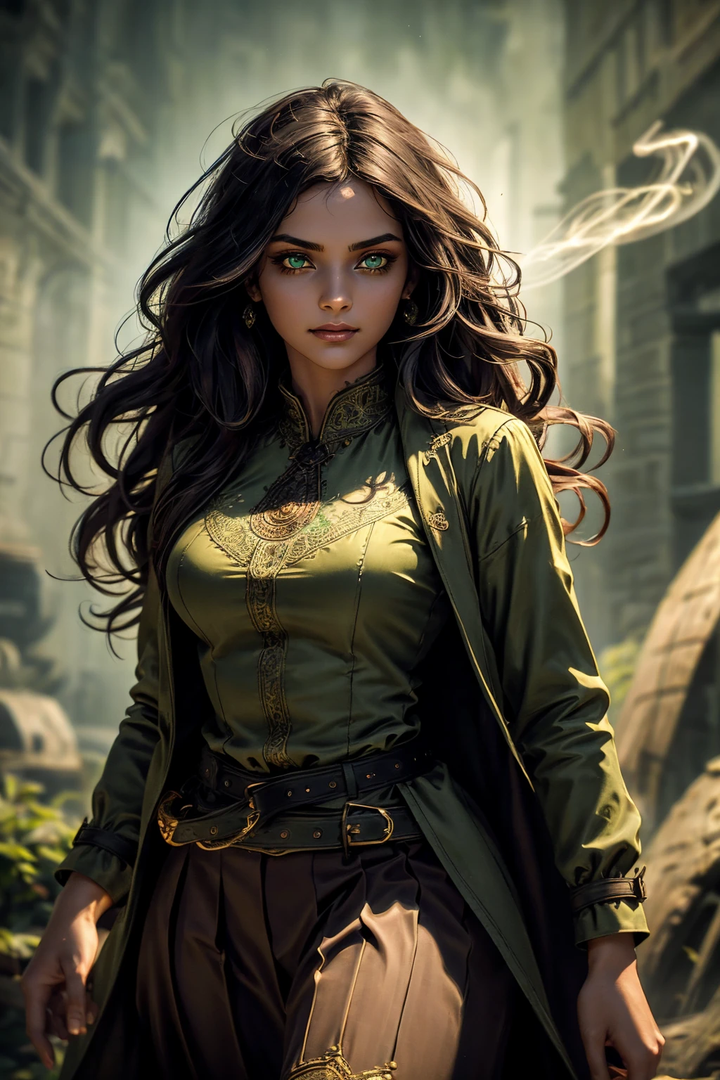 A stunning South-Indian woman, olive-skinned woman, Indian beauty, with bright green eyes, standing in swirling black smoke, with dark brown-black long wavy hair, mesmerizing features with a scary expression, finely detailed eyes, angry mood masterpiece, top quality, best quality, official art, beautiful and aesthetic:1.2), (1girl), extreme detailed,(fractal art:1.3), colorful, highest detailed, (masterpiece, best quality:1.3) professional digital painting, Unreal Engine 5. Wearing a black-buttoned-up military-trench coat. Scary void dripping from body and face black magic swirling around. Black smoke swirled around her. Purple-tinted background. In a 1920 setting, at a farm, wearing 1930 style clothing, , masterpiece, top quality, best quality, official art, beautiful and aesthetic:1.2), (1girl), extreme detailed,(fractal art:1.3), colorful, highest detailed, (masterpiece, best quality:1.3) 1 green-eyed woman, professional digital painting, Unreal Engine 5. Wearing embroidered linen blouse, Wearing long pleated skirt, Long hair, hopeful expression, finely detailed eyes, smiling, epic scene, epic composition, Cinematic Lighting, Volumetric Lighting, ethereal light, intricate details, extremely detailed volumetric rays. Green Eyes. [Beautiful girl, linen shirt and pants, oil painting, Detailed facial features, Sunlight, bright colors, dramatic lighting, expressive eyes and lips, High Resolution]
