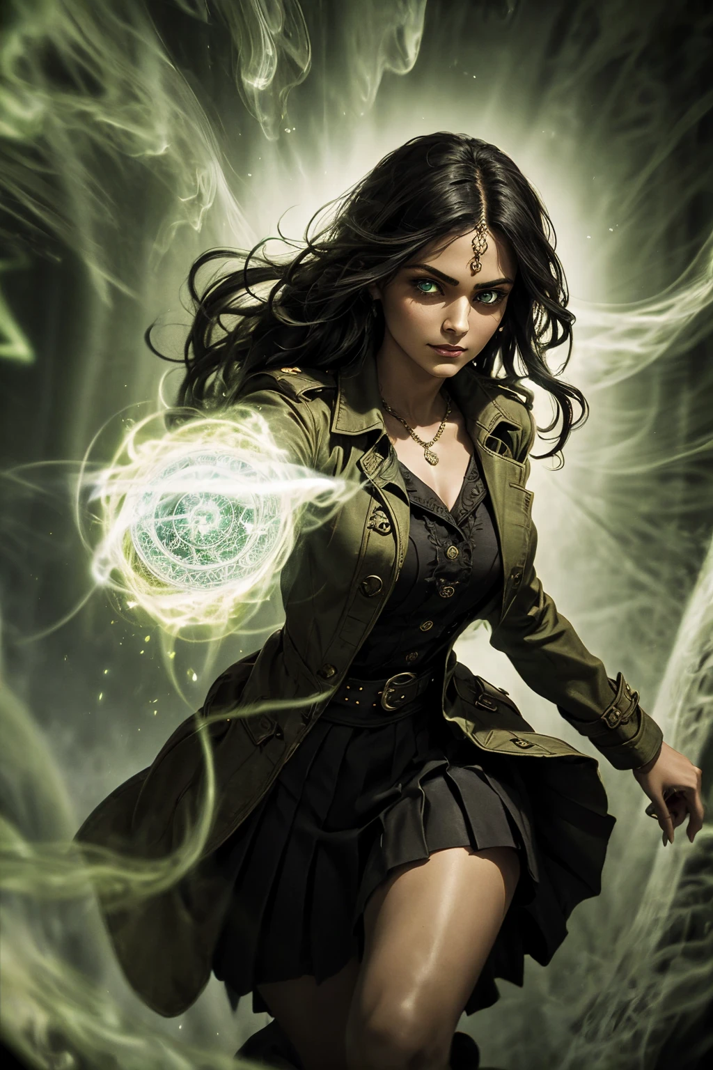 A stunning South-Indian woman, olive-skinned woman, Indian beauty, with bright green eyes, standing in swirling black smoke, with dark brown-black long wavy hair, mesmerizing features with a scary expression, finely detailed eyes, angry mood masterpiece, top quality, best quality, official art, beautiful and aesthetic:1.2), (1girl), extreme detailed,(fractal art:1.3), colorful, highest detailed, (masterpiece, best quality:1.3) professional digital painting, Unreal Engine 5. Wearing a black-buttoned-up military-trench coat. Scary void dripping from body and face black magic swirling around. Black smoke swirled around her. Purple-tinted background. In a 1920 setting, at a farm, wearing 1930 style clothing, , masterpiece, top quality, best quality, official art, beautiful and aesthetic:1.2), (1girl), extreme detailed,(fractal art:1.3), colorful, highest detailed, (masterpiece, best quality:1.3) 1 green-eyed woman, professional digital painting, Unreal Engine 5. Wearing embroidered linen blouse, Wearing long pleated skirt, Long hair, hopeful expression, finely detailed eyes, smiling, epic scene, epic composition, Cinematic Lighting, Volumetric Lighting, ethereal light, intricate details, extremely detailed volumetric rays. Green Eyes. [Beautiful girl, linen shirt and pants, oil painting, Detailed facial features, Sunlight, bright colors, dramatic lighting, expressive eyes and lips, High Resolution]
