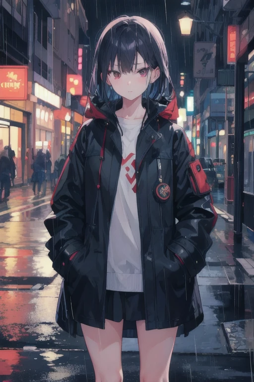 1girl,night city,rain,coat,hands in pockets