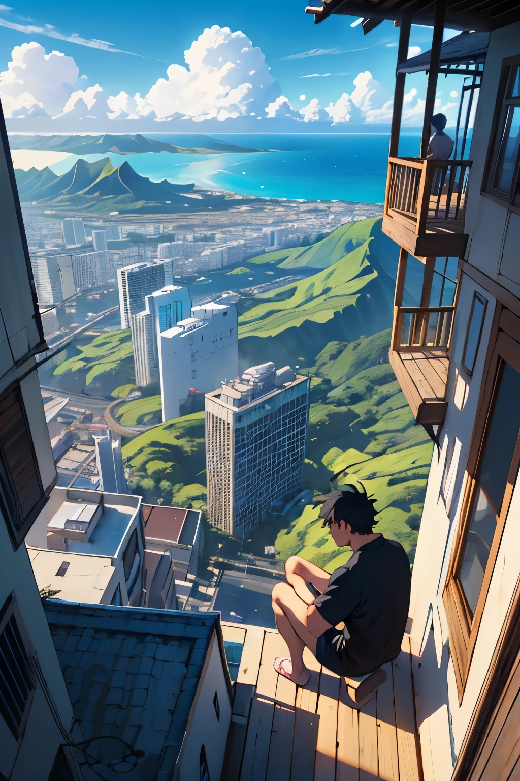 scenery, morning, Hawaii,Ocean, looking from the top of the building, 1 man,black hair,short hair,Ahoge, alone, outdoors, building, cloud, sitting, wood, city, bluesky,