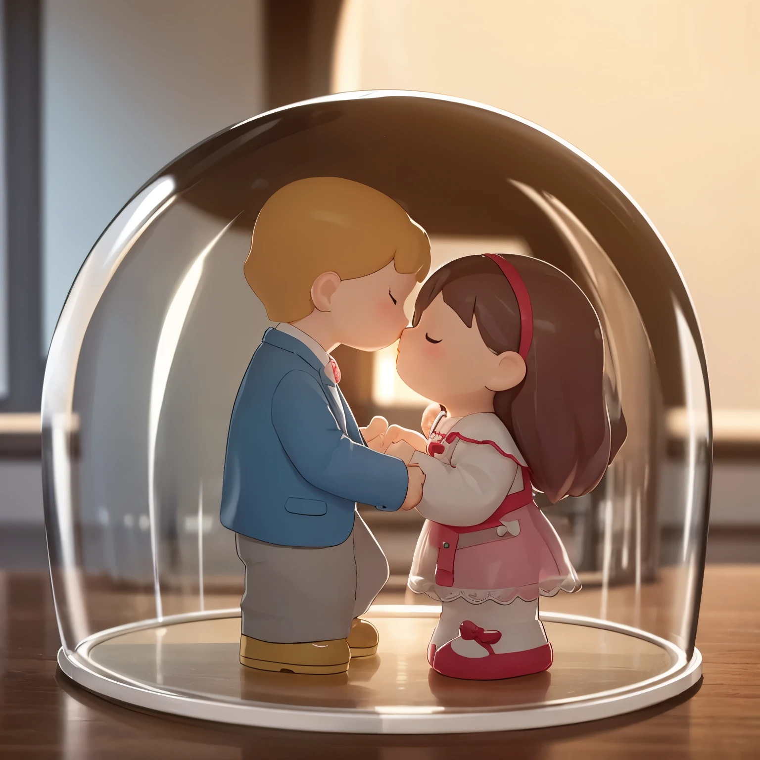 There is a kissing doll inside a dome-shaped transparent plastic case.