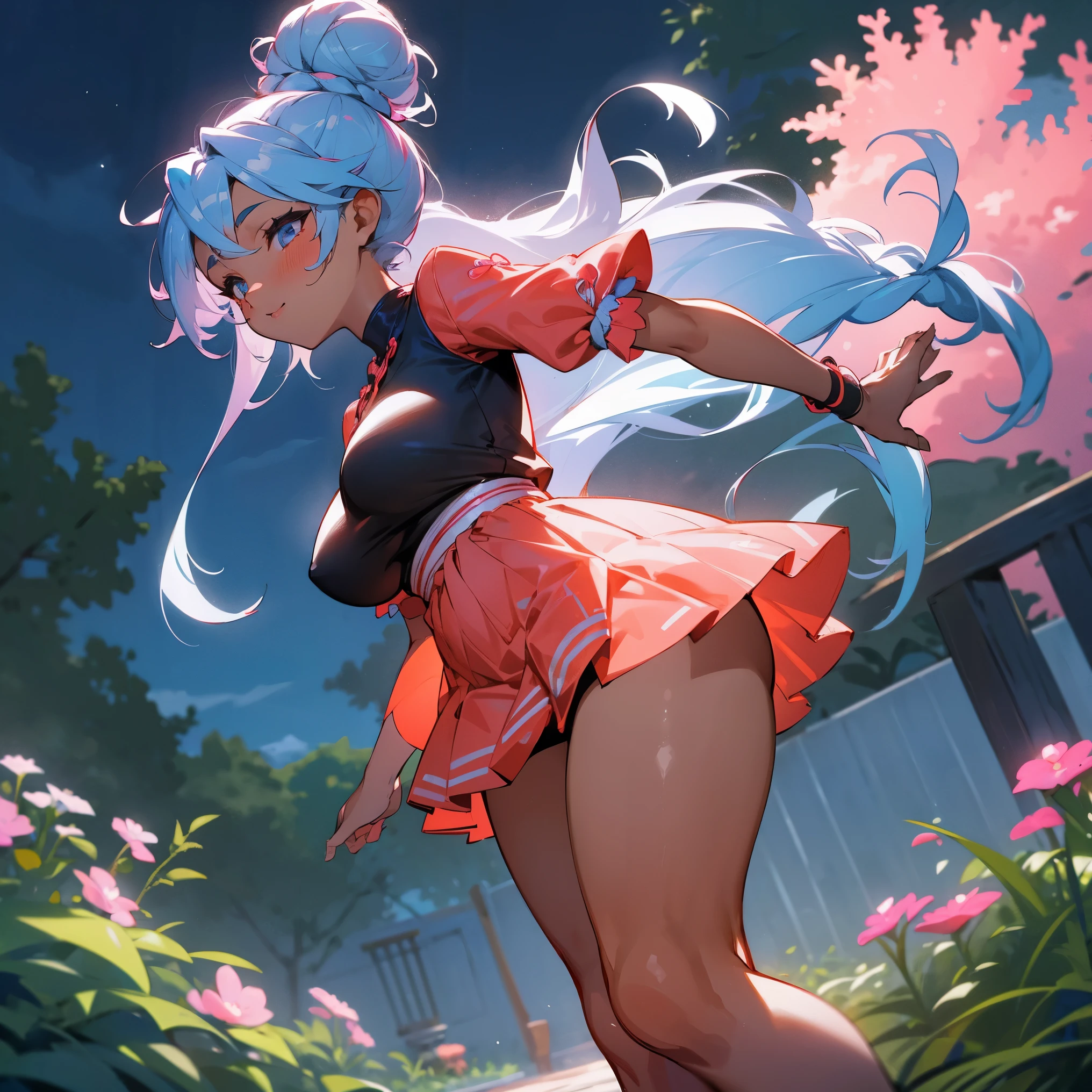 1female, adult, sexy, big breast, curvy, dark skin, finely detailed coral eyes, short messy braided bun, azure ombré hair color, loose oversized strapless sweater, short skirt, cute pose, walking in garden, night, light smile, village