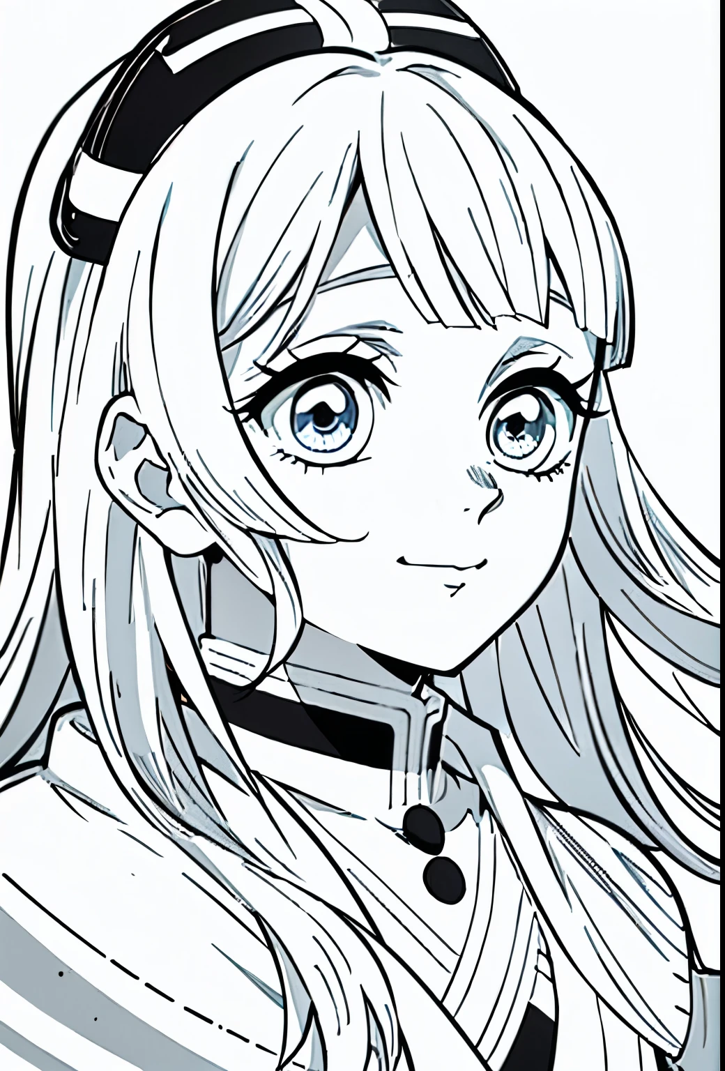 (best quality:0.8),round eyes and long hair with a center-parted bang. She is smiling and alone, portrayed in a close-up portrait. The style is inspired by Kimetsu no Yaiba manga.