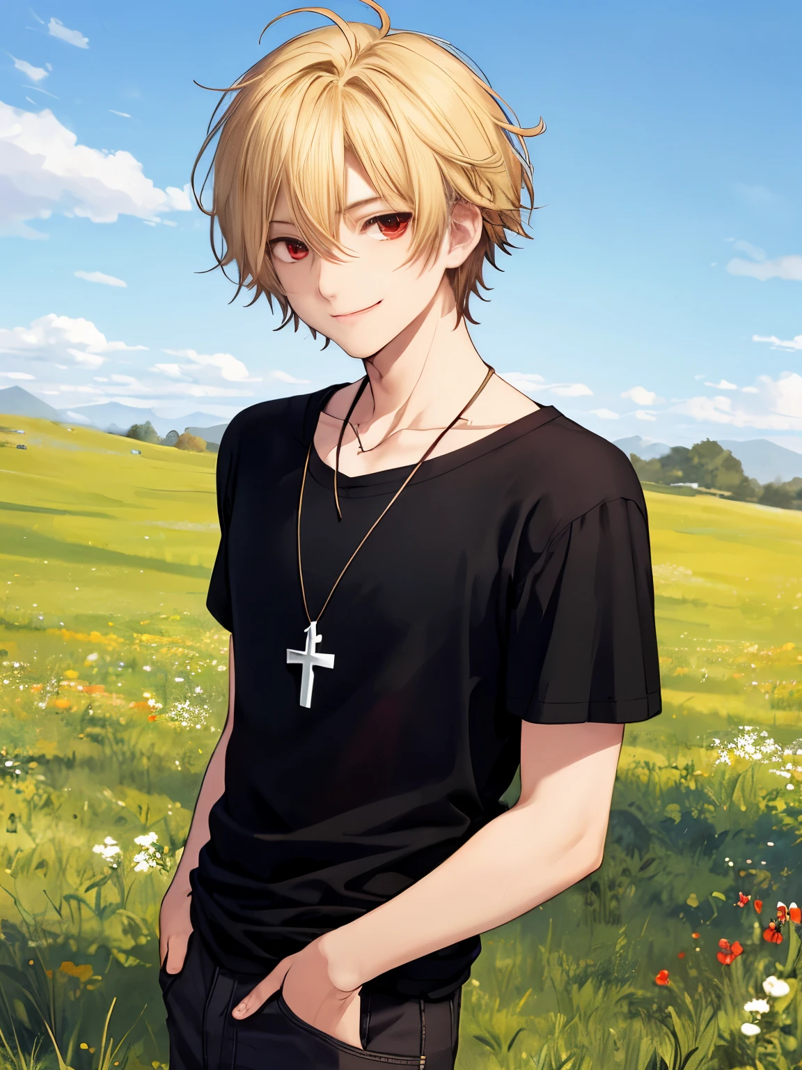 1 boy,solo,20 years old,Standing,morning,On the grass hill ,half body photo,smile,cross necklace,handsome,messy hair,Perfect face, detailed face, short hair, blonde hair,black t-shirt, Plain t-shirt,black t-shirt,short sleeve t-shirt,black trousers, Long pants,red eyes,bright red eyes, vampire