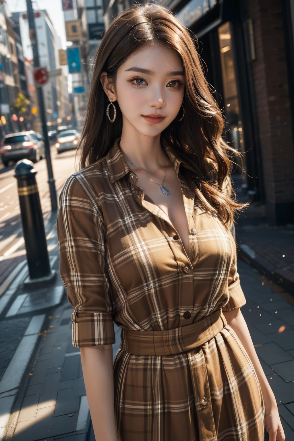 (best quality, 8k,32k,masterpiece, UHD:1.2),extremely detailed CG unity 8k wallpaper,intricate details,Raw photo,(photorealistic:1.4),atmosphere,ultra high res,Realistic,Real,Huge_filesize,incredibly absurdres,(centered:1.3),Ultra illustration,(ultra-detailed),cinematic lighting,various colors,depth of field,art by krenz cushart,golden hour lighting,taken by Canon EOS,SIGMA Art Lens 35mm F1.4,ISO 200 Shutter Speed 2000,blurry background,
BREAK,
1girl,(smile:1.3),slim body,(long straighthair:1.4),solo,20-year-old Japanese beautiful woman,(ginghamcheck shirt:1.5),(Brown hair:1.5),((brown eyes)),Large breasts,chest, Soft white skin that shines with every detail,pale skin,Very beautiful face,Very well-formed face,Natural and realistic face,Best,beautiful detailed eyes,striking eyes,Eyes drawn in detail,Detailed mouth,Detailed lips,shiny beautiful lips,Glossy lips,simple earrings,necklace,jewelry, solo focus,low neckline,
BREAK,
Back lighting,kool,Standing,
BREAK,
(Dutch angle:1.4),cowboy shot,looking at viewer,
BREAK,tzuyu,yui aragaki,