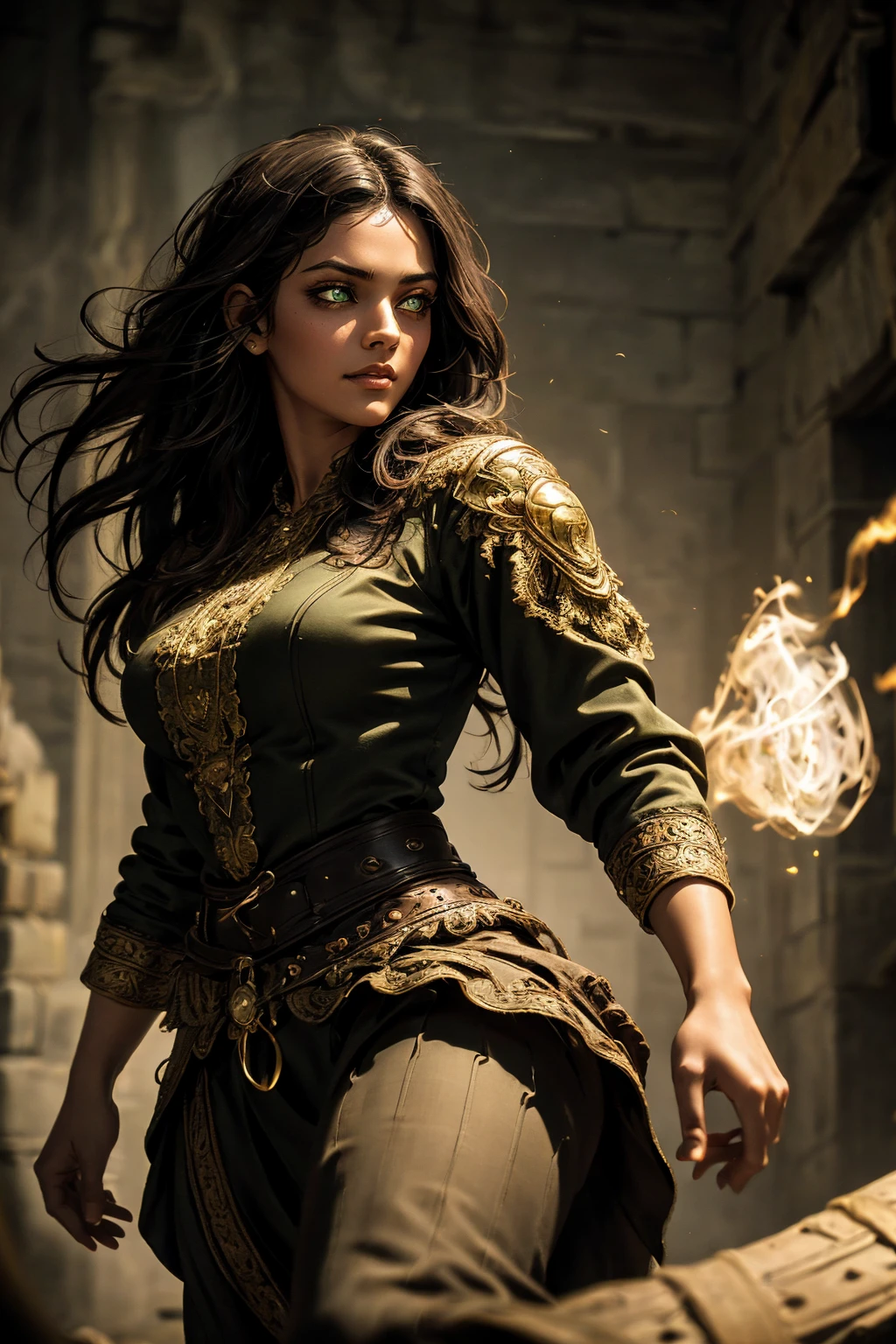 A stunning South-Indian woman, olive-skinned woman, Indian beauty, with bright green eyes, standing in swirling black smoke, with dark brown-black long wavy hair, mesmerizing features with a scary expression, finely detailed eyes, angry mood masterpiece, top quality, best quality, official art, beautiful and aesthetic:1.2), (1girl), extreme detailed,(fractal art:1.3), colorful, highest detailed, (masterpiece, best quality:1.3) professional digital painting, Unreal Engine 5. Wearing a black-buttoned-up military-trench coat. Scary void dripping from body and face black magic swirling around. Black smoke swirled around her. Purple-tinted background. In a 1920 setting, at a farm, wearing 1930 style clothing, , masterpiece, top quality, best quality, official art, beautiful and aesthetic:1.2), (1girl), extreme detailed,(fractal art:1.3), colorful, highest detailed, (masterpiece, best quality:1.3) 1 green-eyed woman, professional digital painting, Unreal Engine 5. Wearing embroidered linen blouse, Wearing long pleated skirt, Long hair, hopeful expression, finely detailed eyes, smiling, epic scene, epic composition, Cinematic Lighting, Volumetric Lighting, ethereal light, intricate details, extremely detailed volumetric rays. Green Eyes. [Beautiful girl, linen shirt and pants, oil painting, Detailed facial features, Sunlight, bright colors, dramatic lighting, expressive eyes and lips, High Resolution]
