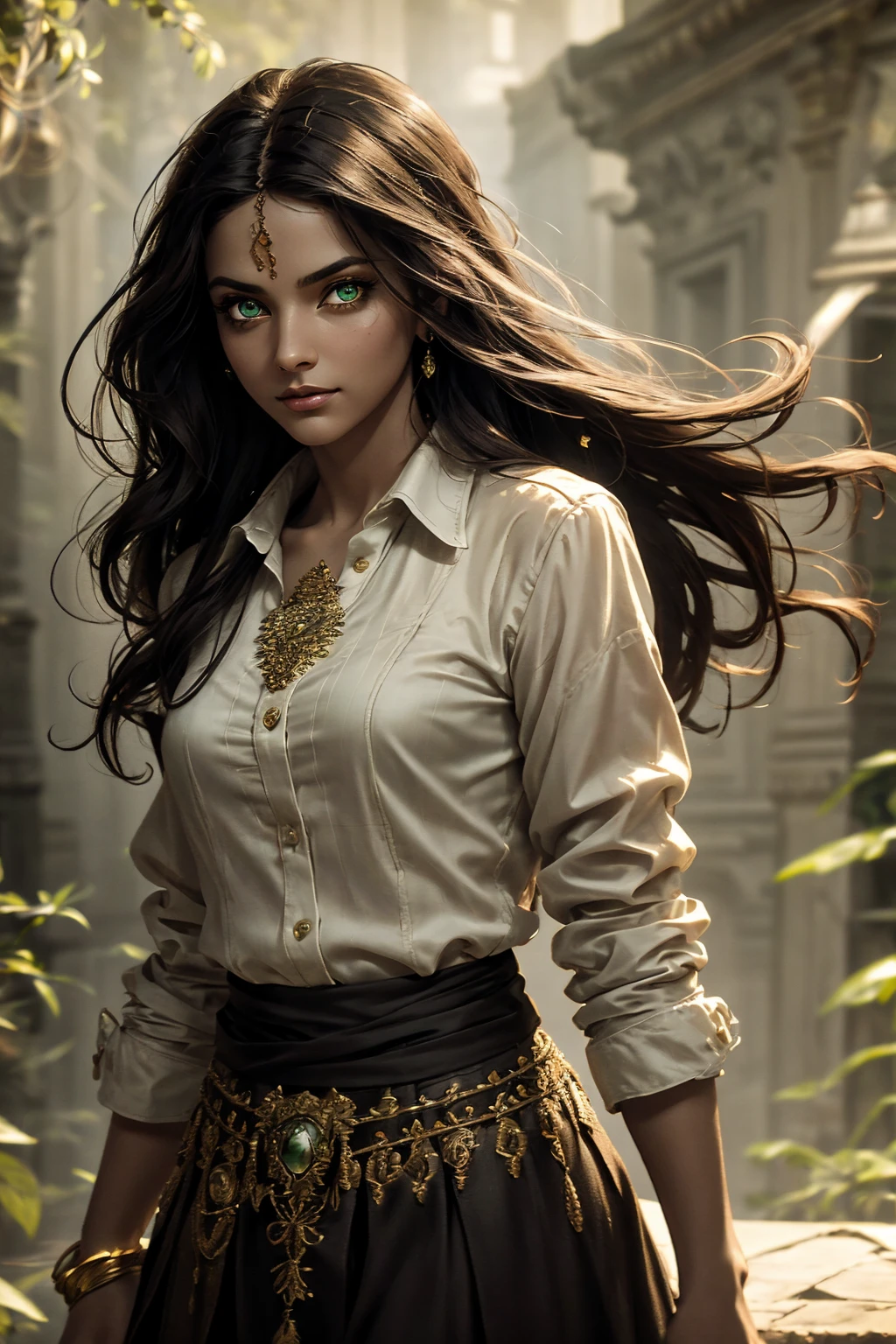 A stunning South-Indian woman, olive-skinned woman, Indian beauty, with bright green eyes, standing in swirling black smoke, with dark brown-black long wavy hair, mesmerizing features with a scary expression, finely detailed eyes, angry mood masterpiece, top quality, best quality, official art, beautiful and aesthetic:1.2), (1girl), extreme detailed,(fractal art:1.3), colorful, highest detailed, (masterpiece, best quality:1.3) professional digital painting, Unreal Engine 5. Wearing a black-buttoned-up military-trench coat. Scary void dripping from body and face black magic swirling around. Black smoke swirled around her. Purple-tinted background. In a 1920 setting, at a farm, wearing 1930 style clothing, , masterpiece, top quality, best quality, official art, beautiful and aesthetic:1.2), (1girl), extreme detailed,(fractal art:1.3), colorful, highest detailed, (masterpiece, best quality:1.3) 1 green-eyed woman, professional digital painting, Unreal Engine 5. Wearing embroidered linen blouse, Wearing long pleated skirt, Long hair, hopeful expression, finely detailed eyes, smiling, epic scene, epic composition, Cinematic Lighting, Volumetric Lighting, ethereal light, intricate details, extremely detailed volumetric rays. Green Eyes. [Beautiful girl, linen shirt and pants, oil painting, Detailed facial features, Sunlight, bright colors, dramatic lighting, expressive eyes and lips, High Resolution]
